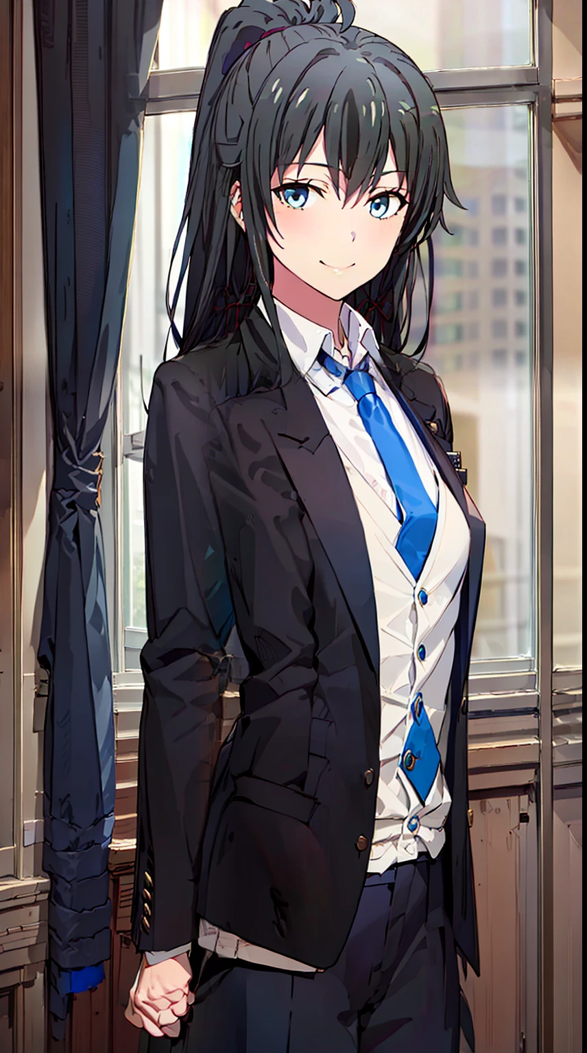 Yukinoshita Yukino wears a tuxedo coat, 1girl, Snafu anime, Female Butler, Elegant blue evening tie, collared shirt, bloomers, Black tail coat, Detailed background of the room, eyes blue, closed mouth, Smileing, A very sexy girl in a suit and tie is standing by the window, 1girl, 独奏, necktie, Black hair, eyes blue, long  hair, smile, jacket, looking at the scenes, shirt, bloomers, blue necktie, collared shirt, white pants, white shirt, indoors, explosions, long-sleeved, closed mouth, window, black jacket, blush, cowboy shot, ceremonial, Yukinoshita Yukino suit, A woman in a black suit and blue tie is standing next to the windowsill, 1girl, 独奏, necktie, eyes blue, jacket, indoors, Black hair, smile, shirt, ponytail, bloomers, looking at the scenes, collared shirt, curtains, blue necktie, hand in pocket, window, black jacket, closed mouth, blush, ahoge, open vest, black trousers, explosions, white shirt, ceremonial, long  hair, suit, long-sleeved, Open clothes Yukinoshita Yukino, A woman in a black suit and blue tie is standing next to the windowsill, 1girl, 独奏, necktie, eyes blue, jacket, indoors, Black hair, smile, shirt, ponytail, bloomers, looking at the scenes, collared shirt, curtains, blue necktie, hand in pocket, window, black jacket, closed mouth, blush, ahoge, open vest, black trousers, explosions, white shirt, ceremonial, long  hair, suit, long-sleeved, A uniformed woman stands in a large gap in the room, 1girl, 独奏, necktie, Black hair, eyes blue, long  hair, smile, jacket, looking at the scenes, shirt, bloomers, blue necktie, collared shirt, white pants, white shirt, indoors, explosions, long-sleeved, closed mouth, window, black jacket, blush, cowboy shot, ceremonial, Suit Yukinoshita Yukino wears a tuxedo coat, 1girl, Snafu anime, Female Butler, Elegant blue evening tie, collared shirt, bloomers, Black tail coat, Detailed background of the room, eyes blue, closed mouth, Smileing(, blazer, tie, bloomers:1.2)