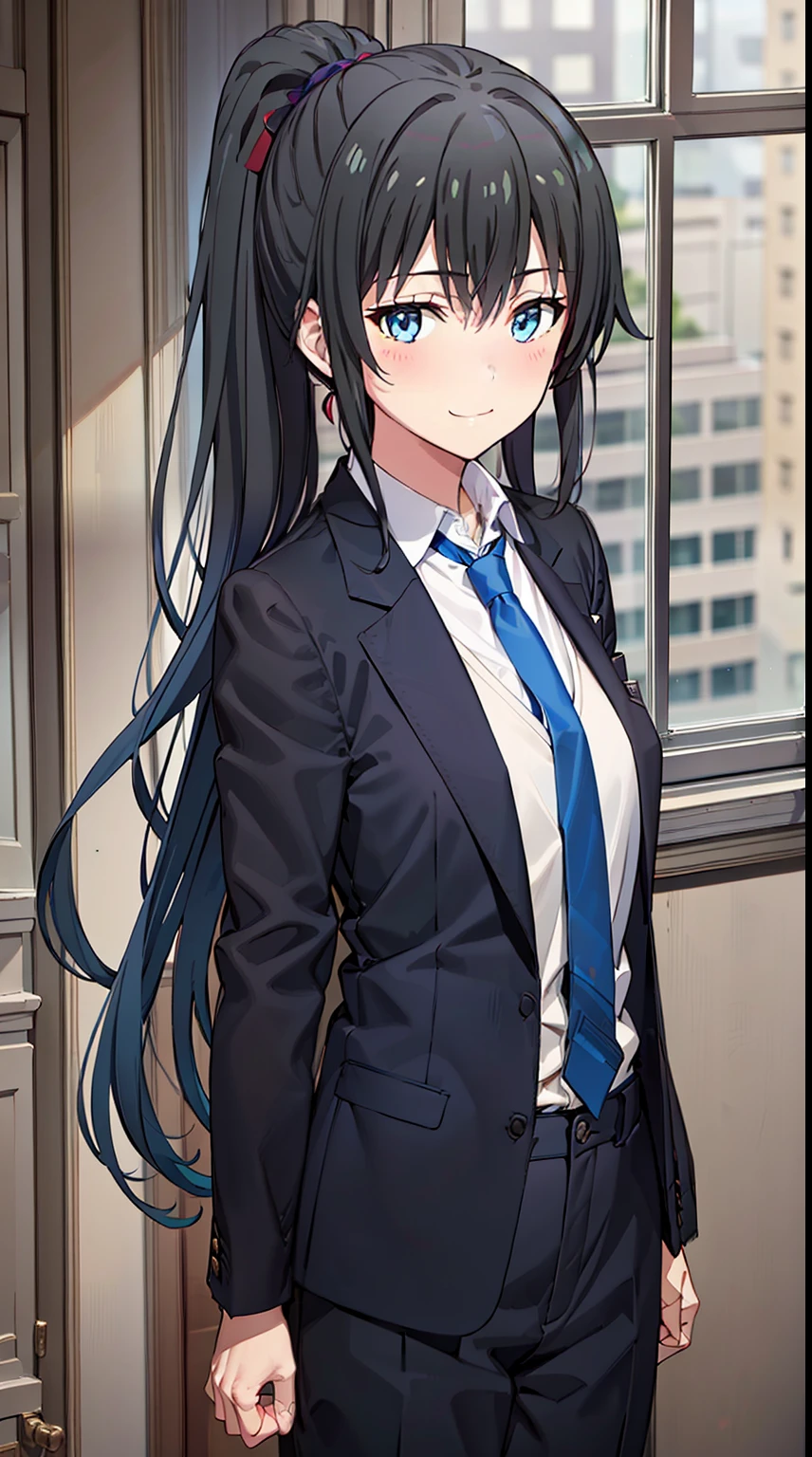 Yukinoshita Yukino wears a tuxedo coat, 1girl, Snafu anime, Female Butler, Elegant blue evening tie, collared shirt, bloomers, Black tail coat, Detailed background of the room, eyes blue, closed mouth, Smileing, A very sexy girl in a suit and tie is standing by the window, 1girl, 独奏, necktie, Black hair, eyes blue, long  hair, smile, jacket, looking at the scenes, shirt, bloomers, blue necktie, collared shirt, white pants, white shirt, indoors, explosions, long-sleeved, closed mouth, window, black jacket, blush, cowboy shot, ceremonial, Yukinoshita Yukino suit, A woman in a black suit and blue tie is standing next to the windowsill, 1girl, 独奏, necktie, eyes blue, jacket, indoors, Black hair, smile, shirt, ponytail, bloomers, looking at the scenes, collared shirt, curtains, blue necktie, hand in pocket, window, black jacket, closed mouth, blush, ahoge, open vest, black trousers, explosions, white shirt, ceremonial, long  hair, suit, long-sleeved, Open clothes Yukinoshita Yukino, A woman in a black suit and blue tie is standing next to the windowsill, 1girl, 独奏, necktie, eyes blue, jacket, indoors, Black hair, smile, shirt, ponytail, bloomers, looking at the scenes, collared shirt, curtains, blue necktie, hand in pocket, window, black jacket, closed mouth, blush, ahoge, open vest, black trousers, explosions, white shirt, ceremonial, long  hair, suit, long-sleeved, A uniformed woman stands in a large gap in the room, 1girl, 独奏, necktie, Black hair, eyes blue, long  hair, smile, jacket, looking at the scenes, shirt, bloomers, blue necktie, collared shirt, white pants, white shirt, indoors, explosions, long-sleeved, closed mouth, window, black jacket, blush, cowboy shot, ceremonial, Suit Yukinoshita Yukino wears a tuxedo coat, 1girl, Snafu anime, Female Butler, Elegant blue evening tie, collared shirt, bloomers, Black tail coat, Detailed background of the room, eyes blue, closed mouth, Smileing(, blazer, tie, bloomers:1.2)