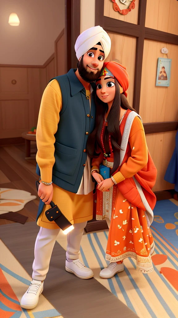 casal no estilo disney pixar, alta qualidade, melhor qualidade. Add white Sikh turban on the head