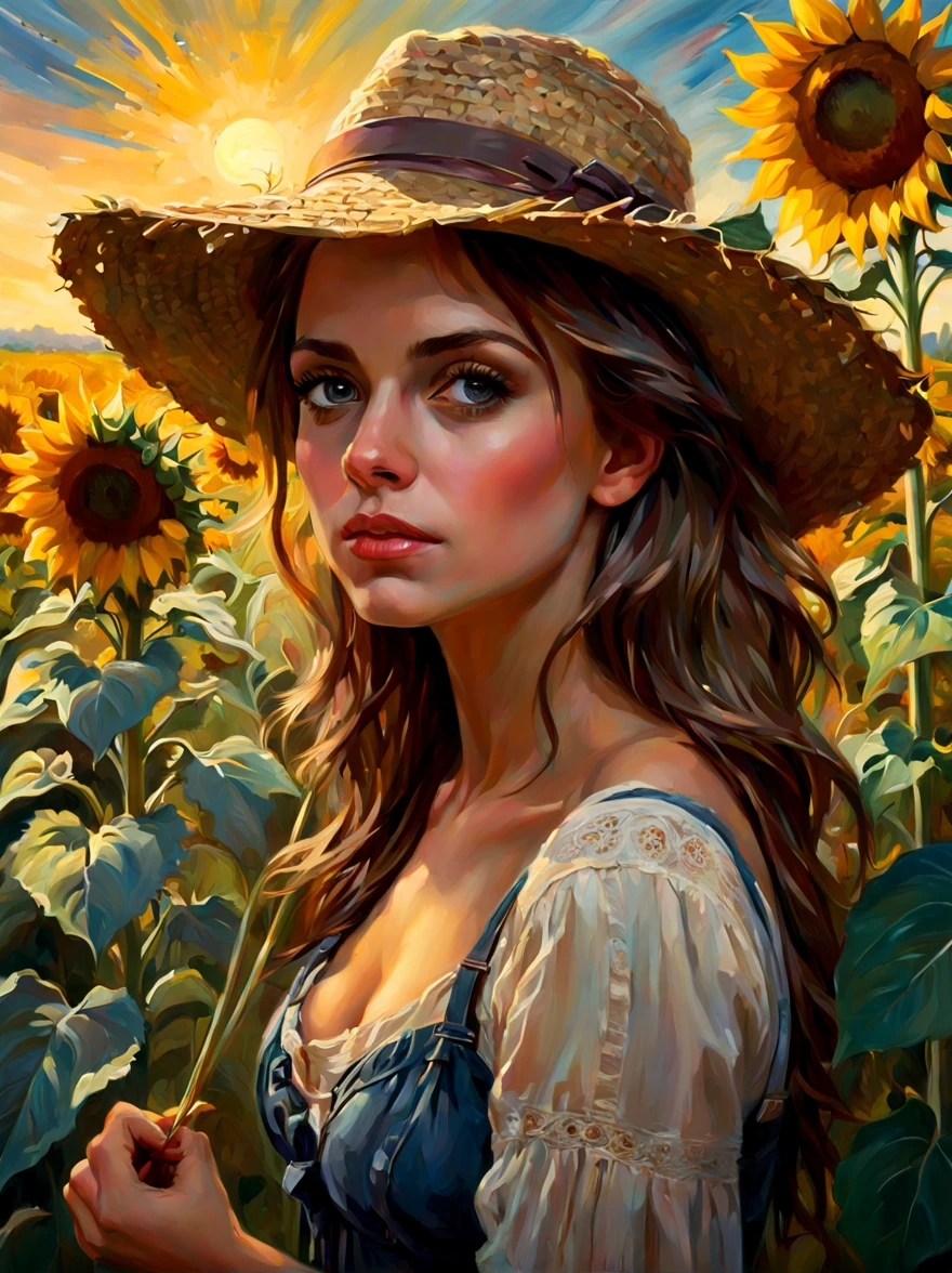 a sexy girl in the middle of a wheat field, serious, stare, dark clouds, eroticism, sexy image, black and white, between shadows, oil painting, chiaroscuro, sensual lighting, dramatic, moody atmosphere, emotional impact, Bill Sienkiewicz inspired art