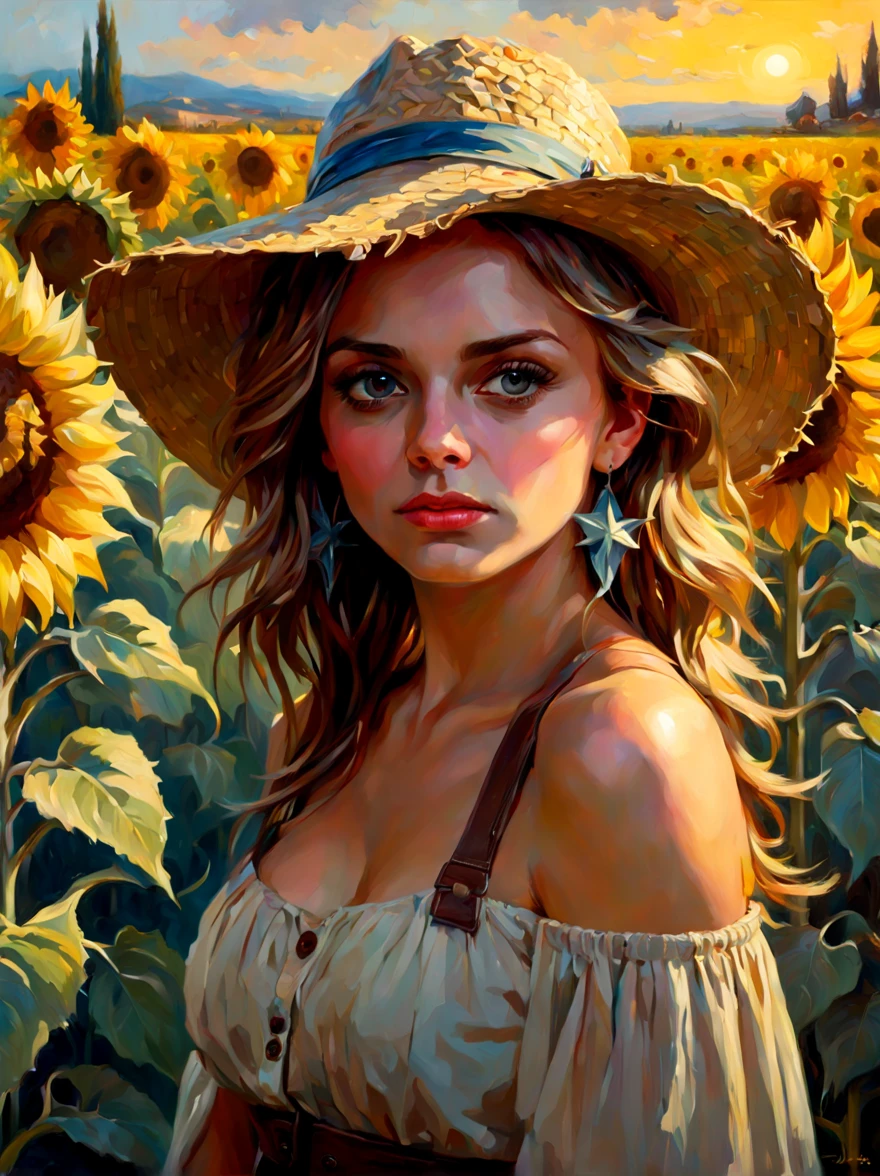 oil painting, brush strokes, paint splashes, colorful, masterpiece, best quality, ultra detailed wallpaper, 1girl 27 years old with sunflowers in her hair, Wearing a straw hat, 2 brown brains, cornfield, star, surreal dreamscape, sunflowers in the field in the backgroung, surreal dreamscape, (best quality,4k,8k,highres,masterpiece:1.2),ultra-detailed,(realistic,photorealistic,photo-realistic:1.37),portrait, painting by Daniel Gerhartz, Bryce CAMERON LISTON, Monet, expressive pose, studio lighting,vibrant colors,dramatic lighting,contrast, Mediterranean atmosphere, abstract, abstract background