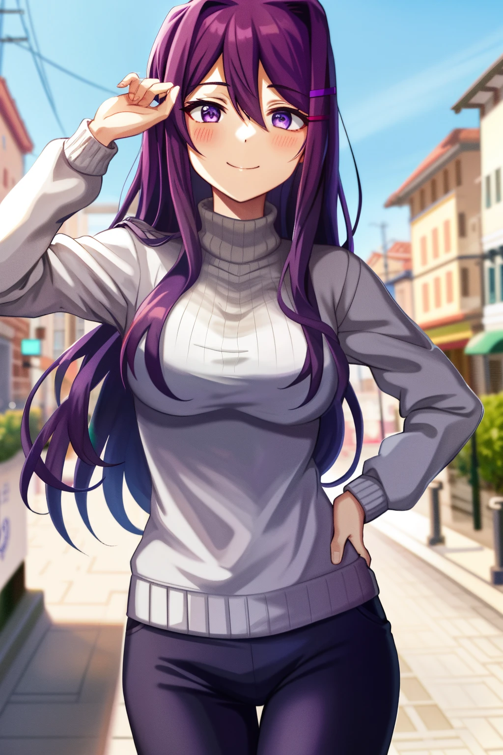 2D, master part, best quality, anime, altamente detalhado, 1girl, sozinho, Yuri, Purple eyes, cabelo roxo, cabelo entre os olhos, grampo de cabelo, alto, (seios grandes:0.8) Shy smile, ao ar livre, capuz preto, White sweatpants, cowboy shot, Olhando para o Viewer, fundo da cidade da rua