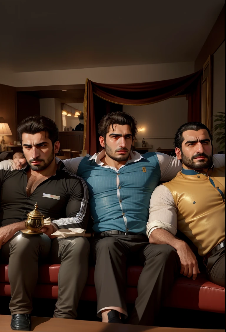 Three Armenian men sitting on a sofa, They are very serious. Behind them is a classic office, there is a table in front of them. aikut aidogdu, enes dirig, Serious faces, Intense expression, Very powerful, real life photo of a syrian man, Author: Muggur