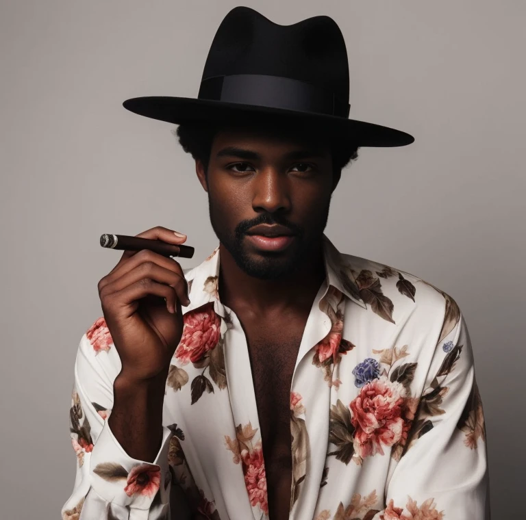 there is a man in a hat and shirt smoking a cigarette, inspired by Theo Constanté, a suited man in a hat, retrato editorial, caracter with brown hat, photoshoot de moda high-end, fotografia editorial, Foto em estilo de Tyler Mitchell, Gorjetando seu fedora, com charuto, inspirado em Barkley Hendricks, man is with black skin, para gq