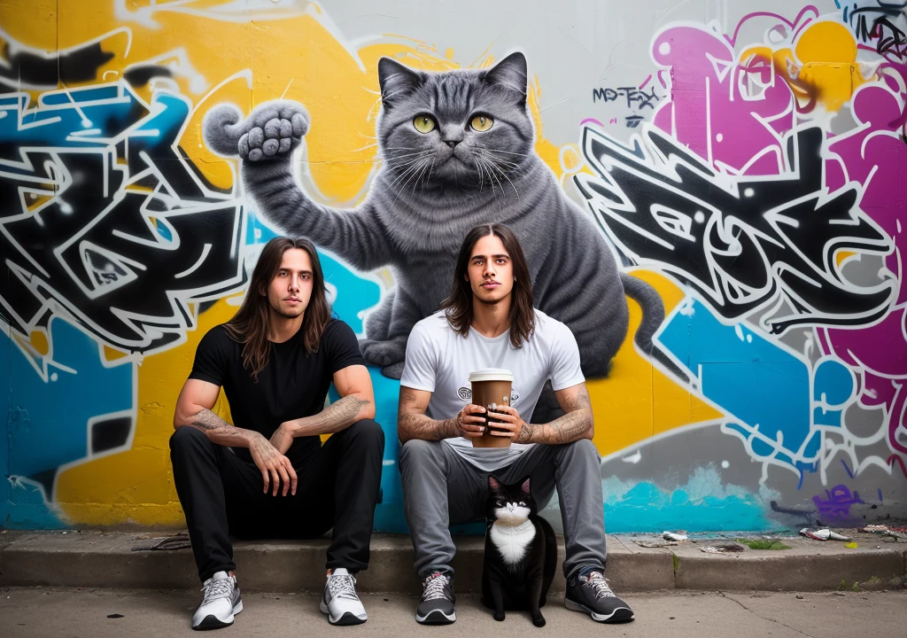Realistic photo, an athletic young man Long shoulder-length hair Sit in front of a Graffiti wall that says ''gomez' drink cup of Coffee with three Persian cat, grey cat, black cat, yellow cat' Sit together, Metropolitan city background