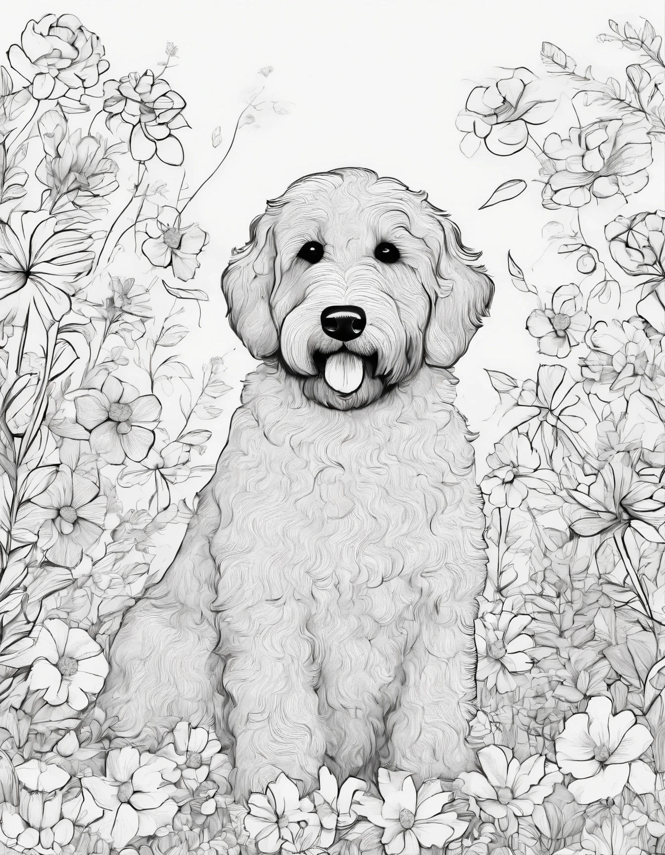 Golden doodle dog outside in a field of flowers, high quality, high detail, for coloring page, no shading