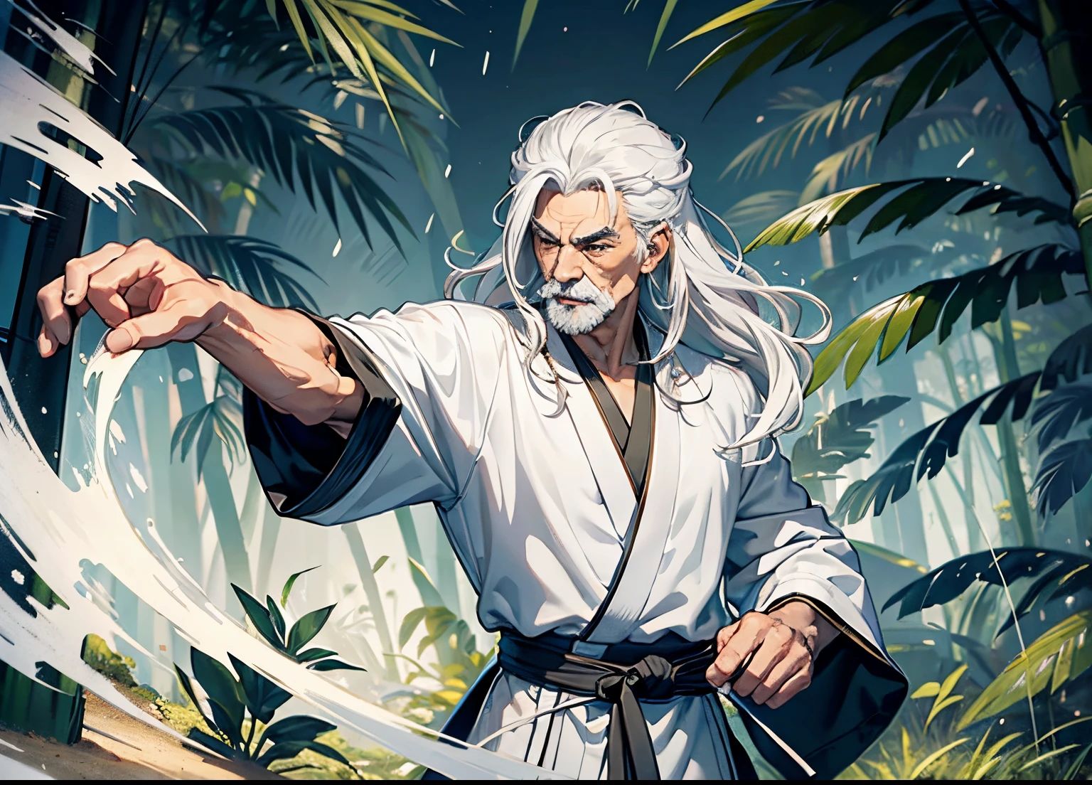 tmasterpiece, Best quality at best, hyper-detailing, CG illustration, Proper shading, Best quality,8K,tmasterpiece,Master illustration,1人,a old man,Class,White eyebrows,white mustache,rosto magro,Skinny,a old man,Long gray hair,Long white hair,and clenched your fist,boxer,punch,bandagens,Taoist,Handsome,Squinted eyes,bandagens,Taoist,Taoist robes,robe,Black and white,taichi,Martial artist,bamboo forest background