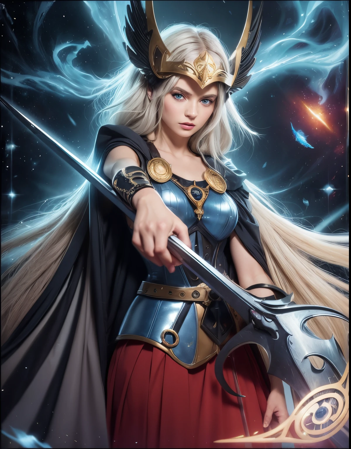 Masterpiece, watercolor: High resolution. Very detailed. realistic. ultra-realistic. Hlaf-body of female. Young woman about 20 years old. 1girl. Nordic. Delicate facial features. detailed face. Defiance face. Looking dawn. ((Pretty Big blue eyes)). Big eyes. Evil eyes. Very light white skin. ((Pretty long light grey hair)). Straight hair. layered hair (hair parcial cute at shoulders). (Cut hair at back). Bangs. Hair blowing in the air. Wing helmet. Golden ornate bracelet on right arm. Dark blue cloak. Dark grey ornate armor corset. Golden details on corset. Long dark red skirt. Titanium detailed spear above left hand.. Cosmic background. Cinematic light.