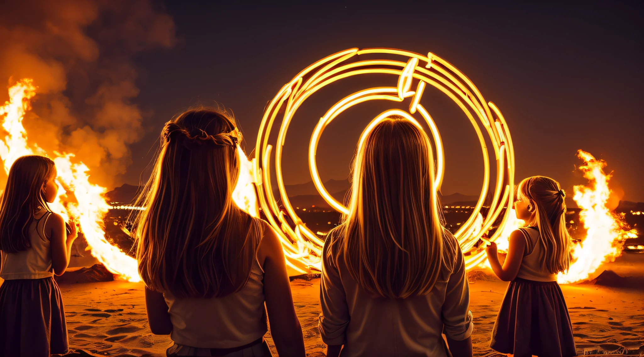 halo de NEON luminoso, there are two CHILDREN GIRLS WITH BLONDE HAIR in front of a ring of fire,