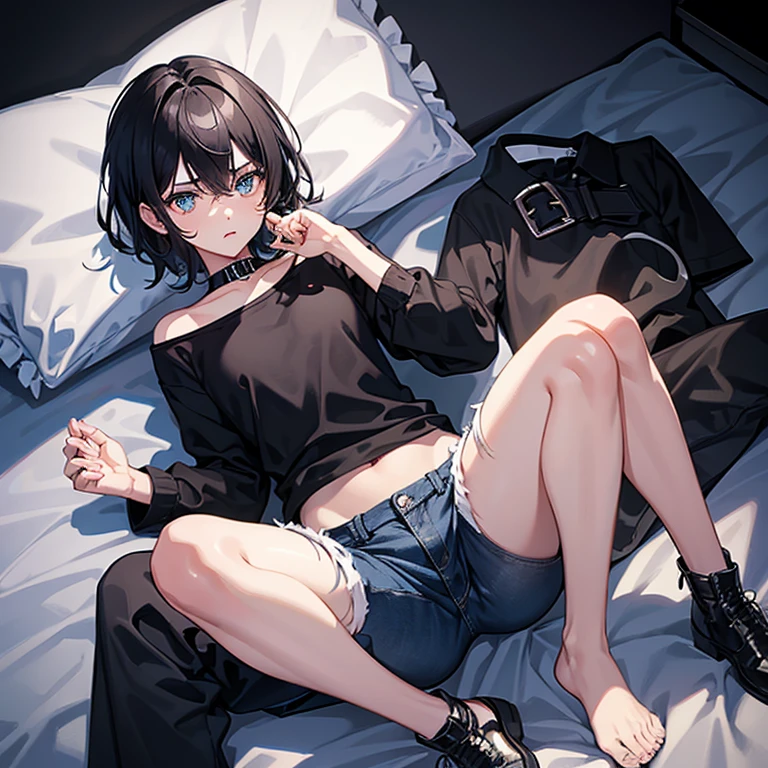 A boy halfway in transforming into a girl, scared look, black shirt, blue jeans, girl variants of clothing, serounded by boys