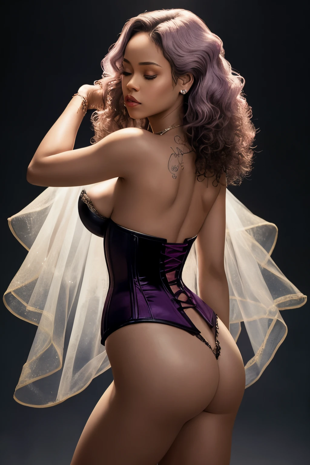Rihanna in a captivating and daring pose, her semi-naked body on full display. She is wearing an opaque, lilac-colored corset that accentuates her hourglass figure, while her lower half is completely bare. Her exposed and translucent skin seems to glow against the dark background, as if she were an ancient princess, ethereal and otherworldly. Her long, curly hair cascades down her back, flowing freely around her shoulders. Her eyes are closed, her lips parted ever so slightly, conveying an air of sensuality and vulnerability.