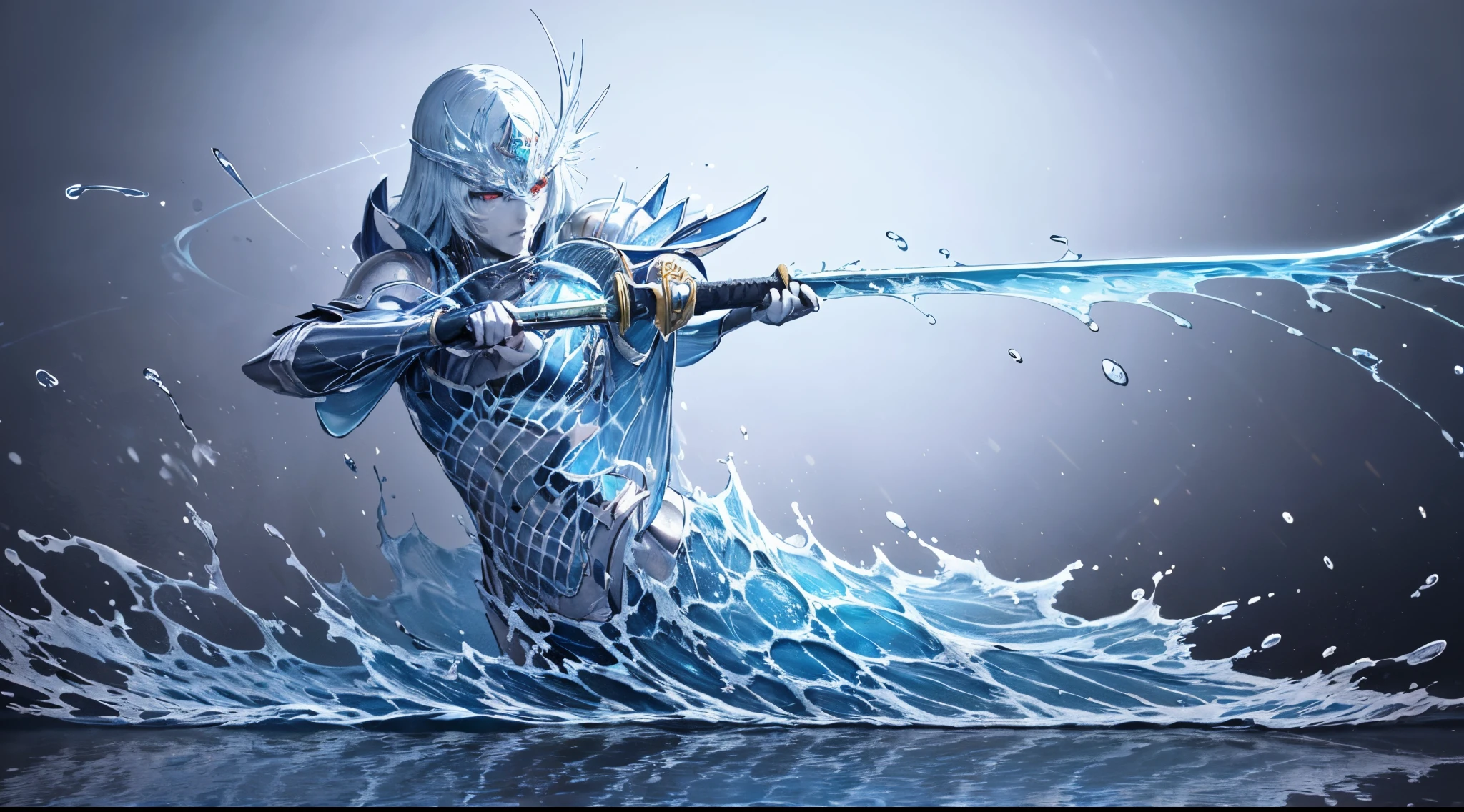 A humanoid creature composed of water, with its entire body made of liquid.精致五官 The creature embodies the essence of dark souls and draws inspiration from the styles of "Elden Ring," "Sekiro," and "Dark Souls." The prompt highlights the fluidity, translucency, and texture of water or liquid. The image must be of the highest quality, showcasing breathtaking details and realism. (transparency of water), (flowing sensation), (best quality, 4k, highres, masterpiece:1.2), (ultra-detailed), (photorealistic:1.37), (HDR), (vivid colors), (bokeh), (water manipulation), (fluid movement), (sharp focus), (water splashes), (dripping water), (rippling effects), (samurai armor), (water ripples), (underwater environment), (water reflections), (dynamic poses), (misty atmosphere), (water particles), (Japanese warrior), (glowing blue water), (intense battle scene), (rippling waves), (sword fighting), (torii gate), (serene waterfall), (sumi-e style brushwork), (traditional Japanese weapons), (mysterious aura), (ethereal appearance), (subtle lighting), (dramatic contrast), (emerging from a water fountain), (slicing water with a katana).highres, best quality, award winning, masterpiece, 4KThe artwork should be rendered in 4K resolution, considered a masterpiece, and known for winning awards. The depiction should be anatomically correct and highly precise.