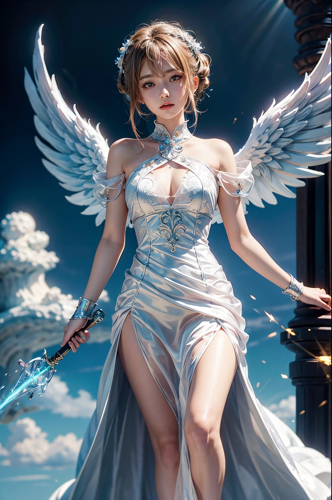 Best Quality, Masterpiece, Cute angel with an angelic face, large wings, glairing eyes, short transparent white dress, nimbus,  an island in the sky with pointed towers as a background, hands hidden in the folds of the dress, The girl is sexy, semi transparent dress, Art, Artwork, Best Anime, fine details, the anime, little chest, intricate ornate anime cgi style, anime epic artwork, badass anime 8 k, magical shine, glow, sparks,