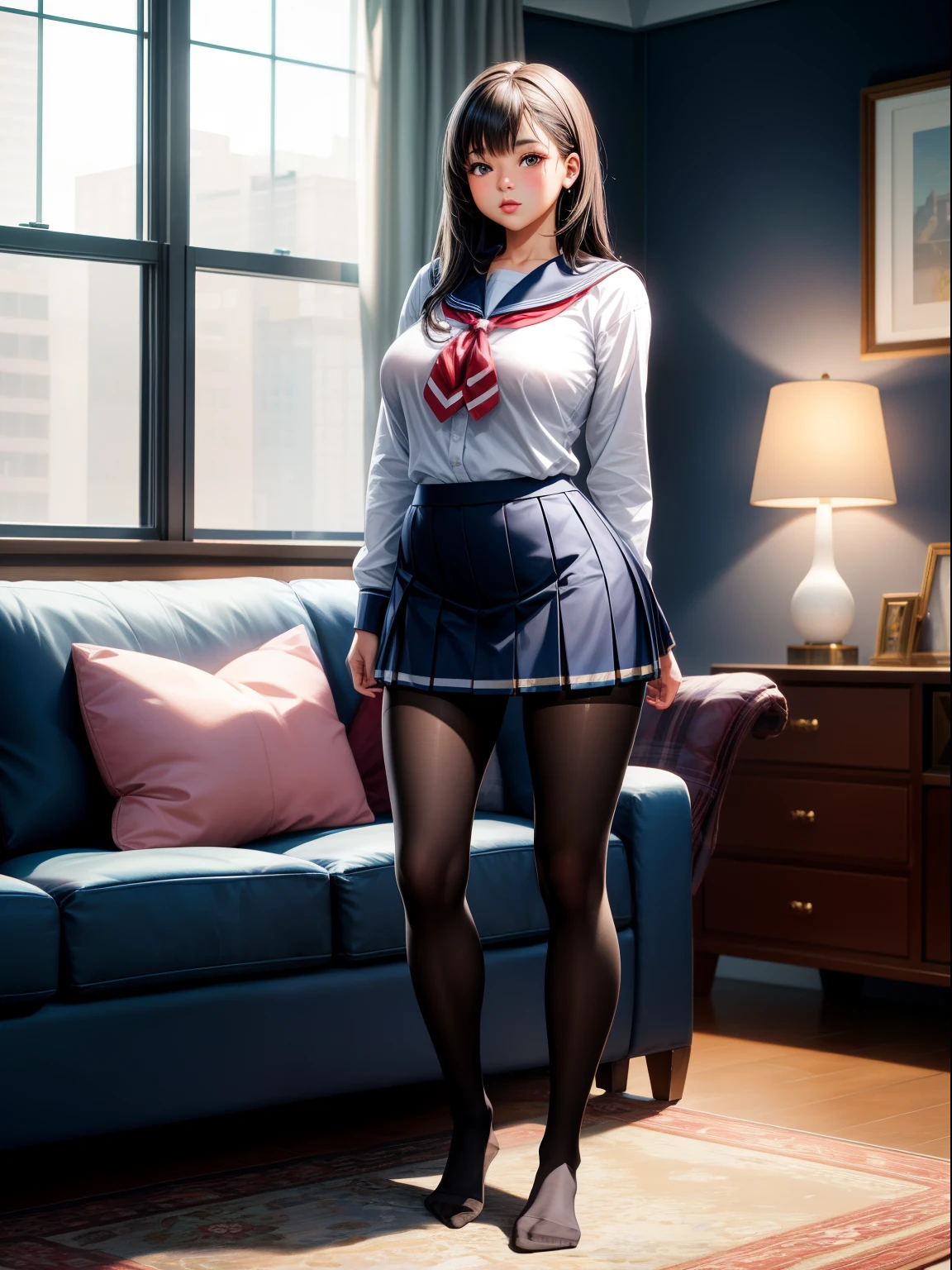Show entire body, mixed race female, wearing American school girl uniform, short skirt, pantyhose, no shoes, luxurious living room, standing, huge windows, photorealistic, great detail