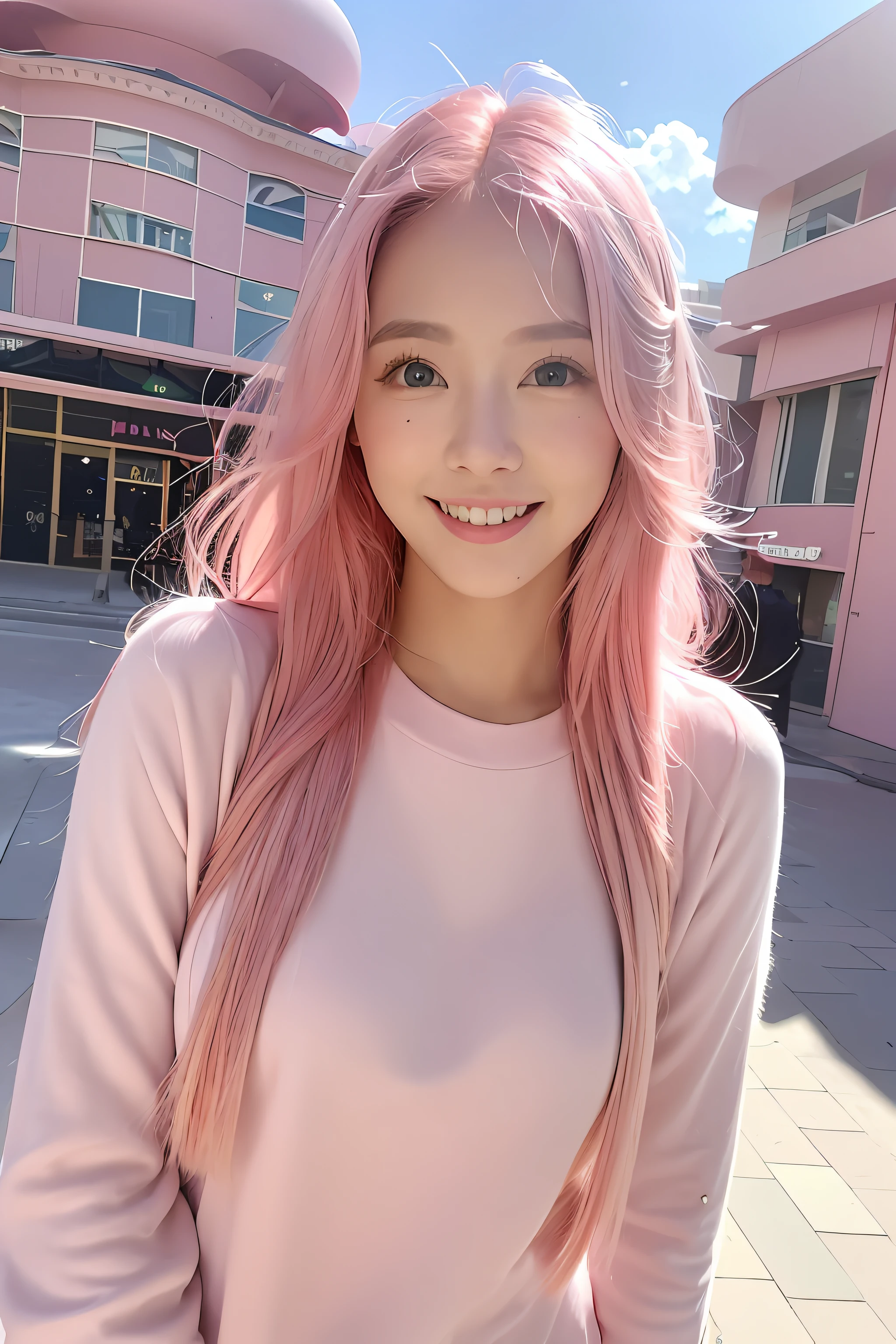 (extra detailed body、extra detailed face、best qualtiy:1.2)、femele、looking at the viewers、(A pink-haired、Lunette de soleil、、a smile、Flashy clothes)、(Pink architecture on background:1.4)、Midjourney Worldview