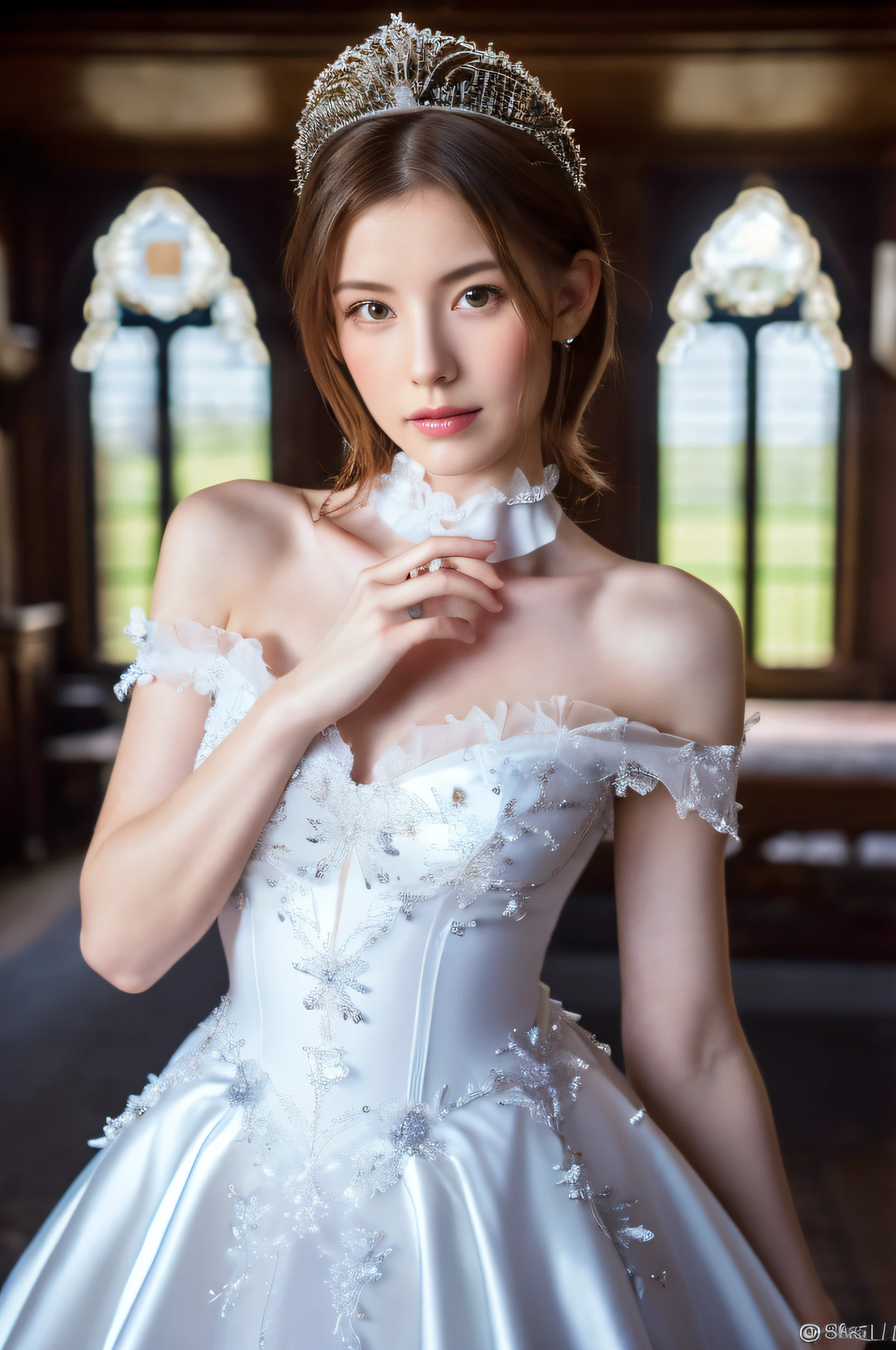 Ultra high-definition images,8K, Aristocratic women,Fantasy,Full-body high-definition images,in a castle, Delicate face, (delicate and beautiful face,: 1.5), Full body portrait standing, 1 person,Sparkling tiara,White Satin Dress, castle miracle, presence of princess