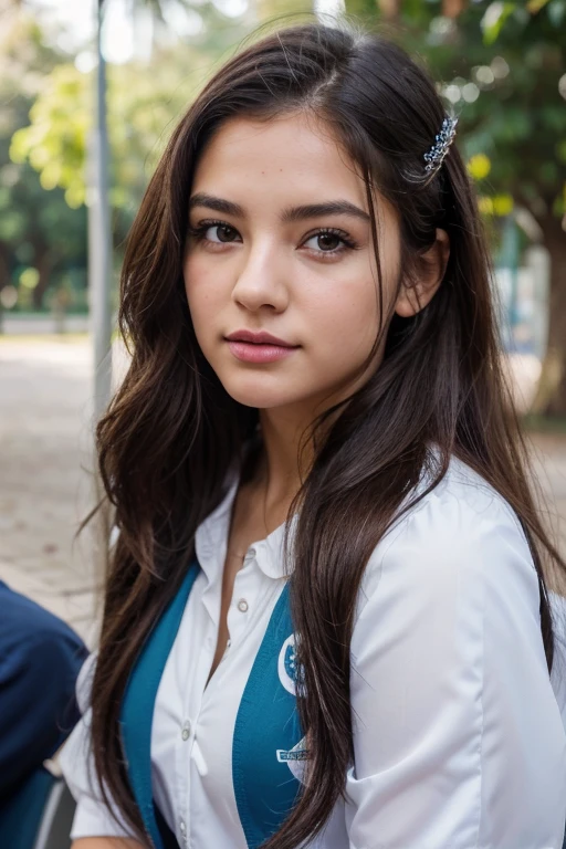 2 young girls, Beautiful girl of the highest grade, Super beautiful detailed face, (Hermosos pechos), (hi-Uniforme escolar), (Detalles de un rostro muy bonito), (La mejor calidad:1.4), 8K resolution, High resolution, (fotorrealista, High resolution:1.4), Foto RAW, (realista, Fotorrealista:1.37), Brillo en los labios, Cabello largo, labios separados, Staring at me, parque, asiento,