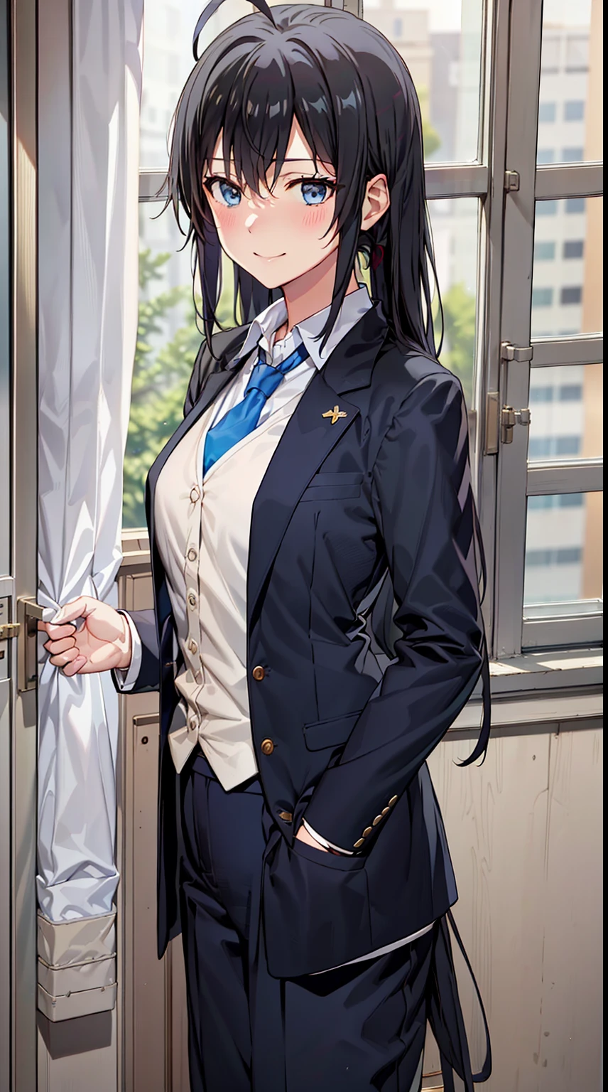 Yukinoshita Yukino wears a tuxedo coat, 1girl, Snafu anime, Female Butler, Elegant blue evening tie, collared shirt, bloomers, Black tail coat, Detailed background of the room, eyes blue, closed mouth, Smileing, A very sexy girl in a suit and tie is standing by the window, 1girl, 独奏, necktie, Black hair, eyes blue, long  hair, smile, jacket, looking at the scenes, shirt, bloomers, blue necktie, collared shirt, white pants, white shirt, indoors, explosions, long-sleeved, closed mouth, window, black jacket, blush, cowboy shot, ceremonial, Yukinoshita Yukino suit, A woman in a black suit and blue tie is standing next to the windowsill, 1girl, 独奏, necktie, eyes blue, jacket, indoors, Black hair, smile, shirt, ponytail, bloomers, looking at the scenes, collared shirt, curtains, blue necktie, hand in pocket, window, black jacket, closed mouth, blush, ahoge, open vest, black trousers, explosions, white shirt, ceremonial, long  hair, suit, long-sleeved, Open clothes Yukinoshita Yukino, A woman in a black suit and blue tie is standing next to the windowsill, 1girl, 独奏, necktie, eyes blue, jacket, indoors, Black hair, smile, shirt, ponytail, bloomers, looking at the scenes, collared shirt, curtains, blue necktie, hand in pocket, window, black jacket, closed mouth, blush, ahoge, open vest, black trousers, explosions, white shirt, ceremonial, long  hair, suit, long-sleeved, A uniformed woman stands in a large gap in the room, 1girl, 独奏, necktie, Black hair, eyes blue, long  hair, smile, jacket, looking at the scenes, shirt, bloomers, blue necktie, collared shirt, white pants, white shirt, indoors, explosions, long-sleeved, closed mouth, window, black jacket, blush, cowboy shot, ceremonial, Suit Yukinoshita Yukino wears a tuxedo coat, 1girl, Snafu anime, Female Butler, Elegant blue evening tie, collared shirt, bloomers, Black tail coat, Detailed background of the room, eyes blue, closed mouth, Smileing(, blazer, tie, bloomers:1.2)