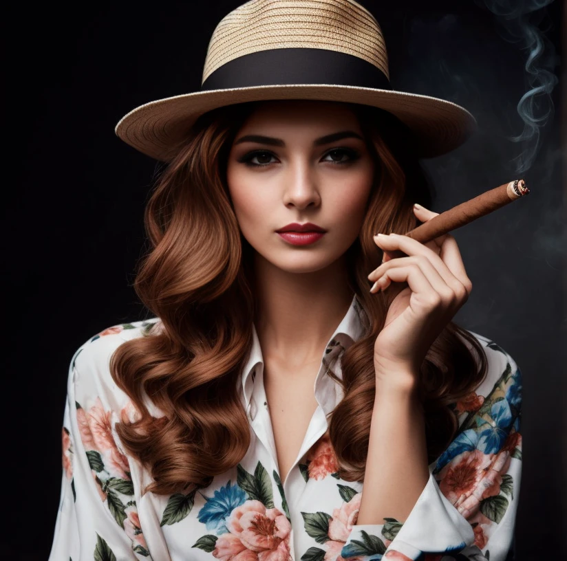 puffy woman in a hat smoking a cigar and looking at the camera, com charuto, mulher fumante, segurando charuto, retrato de alta qualidade, Retrato de uma mulher fumante, segurando um charuto, Dramatic smoking pose, charuto para fumar, mulher fumando cigarro, photoshoot de moda high-end, mulher fumando um cigarro, retrato da fotografia da moda, mulher jovem sofisticada, fumar um charuto