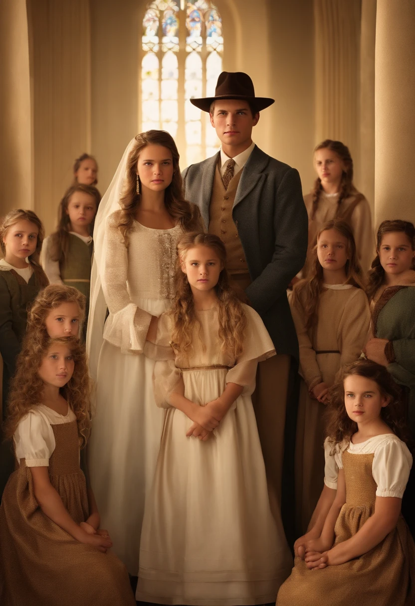 A group of young girls being taught by the king's wives,original,Elijah King, a fictional character reminiscent of Warren Jeffs, stands as a commanding figure in his community, often seen in traditional, modest attire that signals his self-proclaimed spiritual leadership. His stern, unsmiling face and piercing gaze convey a sense of authority and an unyielding belief in his own doctrines., male
