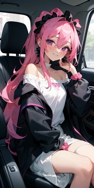(masterpiece, best quality),1girl sitting in a car ,1girl, jewelry, smile, looking at viewer, car interior, solo,pink hair, purple eyes, steering wheel, blush, long hair, white shirt, off shoulder, black jacket, hair between eyes, long sleeves, , wrist scrunchie,