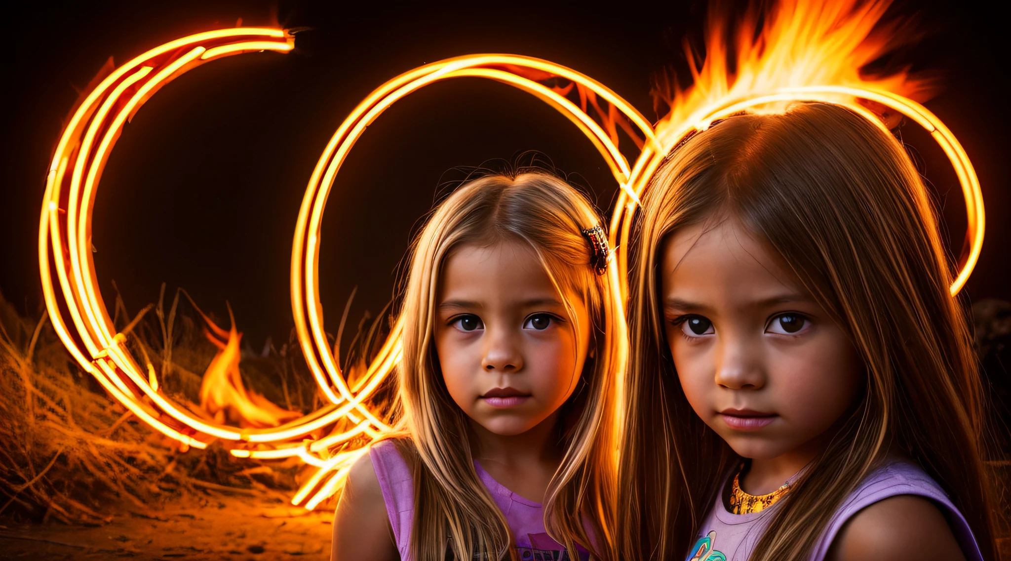 loira de 10 anos, Russian child , fechar para cima, retrato, com longos cabelos loiros, em um CISNE NEGRO, The flames are burning in a circle shape, ardente, icon with a halo of fire, anel de fogo, bola de fogo, NUCLEAR QUIMICAL