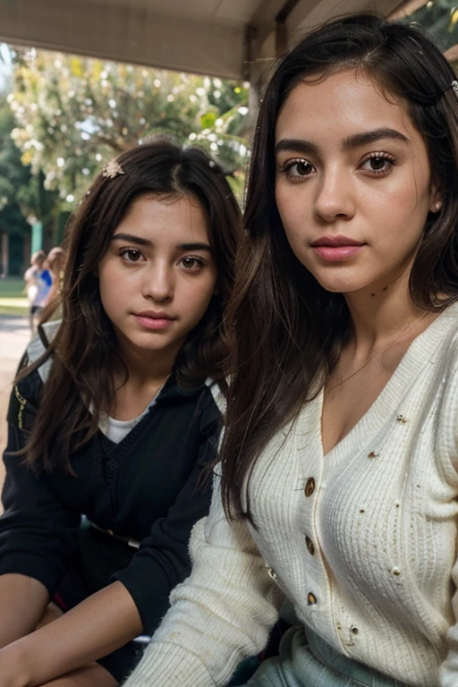 2 young girls, Beautiful girl of the highest grade, Super beautiful detailed face, (Hermosos pechos), (hi-Uniforme escolar), (Detalles de un rostro muy bonito), (La mejor calidad:1.4), 8K resolution, High resolution, (fotorrealista, High resolution:1.4), Foto RAW, (realista, Fotorrealista:1.37), Brillo en los labios, Cabello largo, labios separados, Staring at me, parque, asiento,