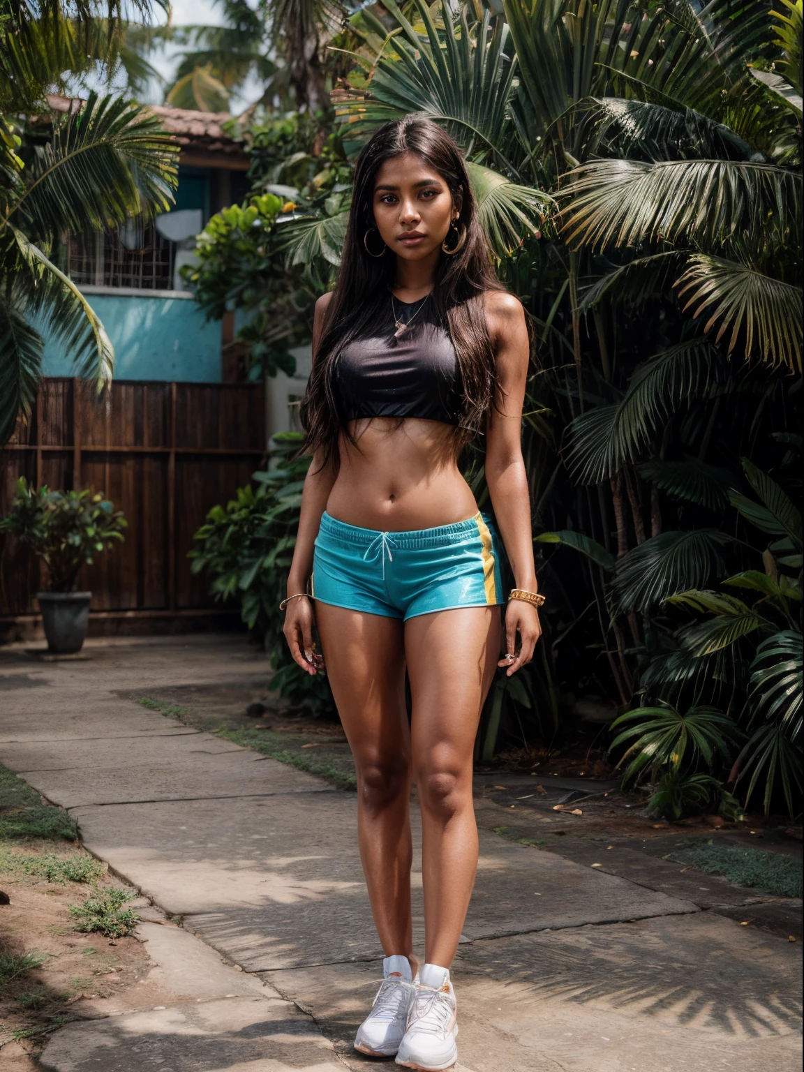 (Full body portrait:1.4), RAW UHD portrait full body photo of a 22-year-old Sri Lankan woman named Kasuni, long dark hair, dark skin, black eyes, feminine features, DSLR, ultra quality, sharp focus, tack sharp, photorealistic, detailed skin pores, detailed hands, oiled skin, intricate eye detail, standing, show legs with high shoes., minimalist expensive necklace, colorful bangles, big earrings, glossy cyan gym shorts, glossy crop top.