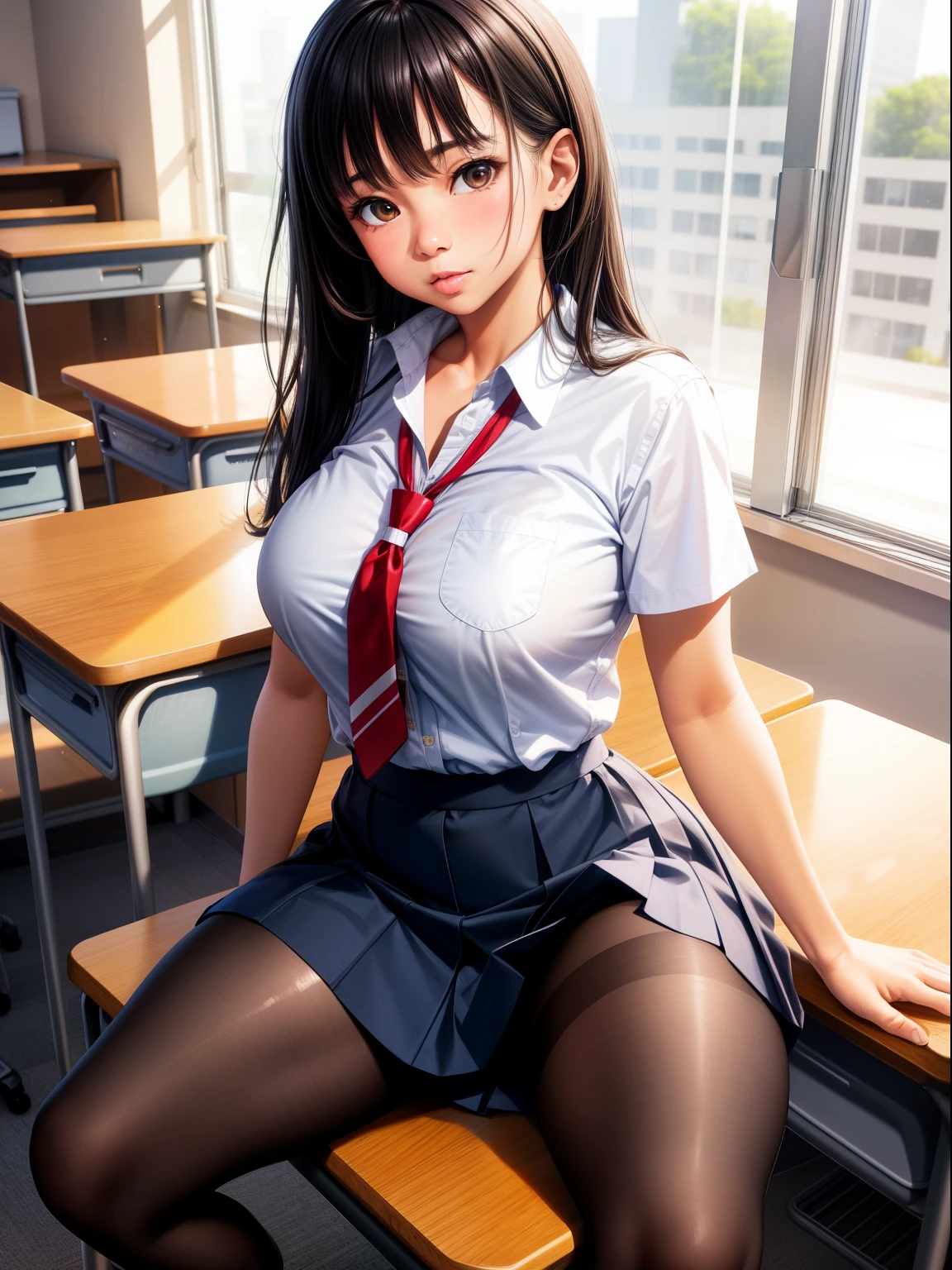 Show entire body, mixed race female, wearing American school girl uniform, short skirt, pantyhose, no shoes, classroom, sitting on teacher’s desk, huge windows, photorealistic, great detail