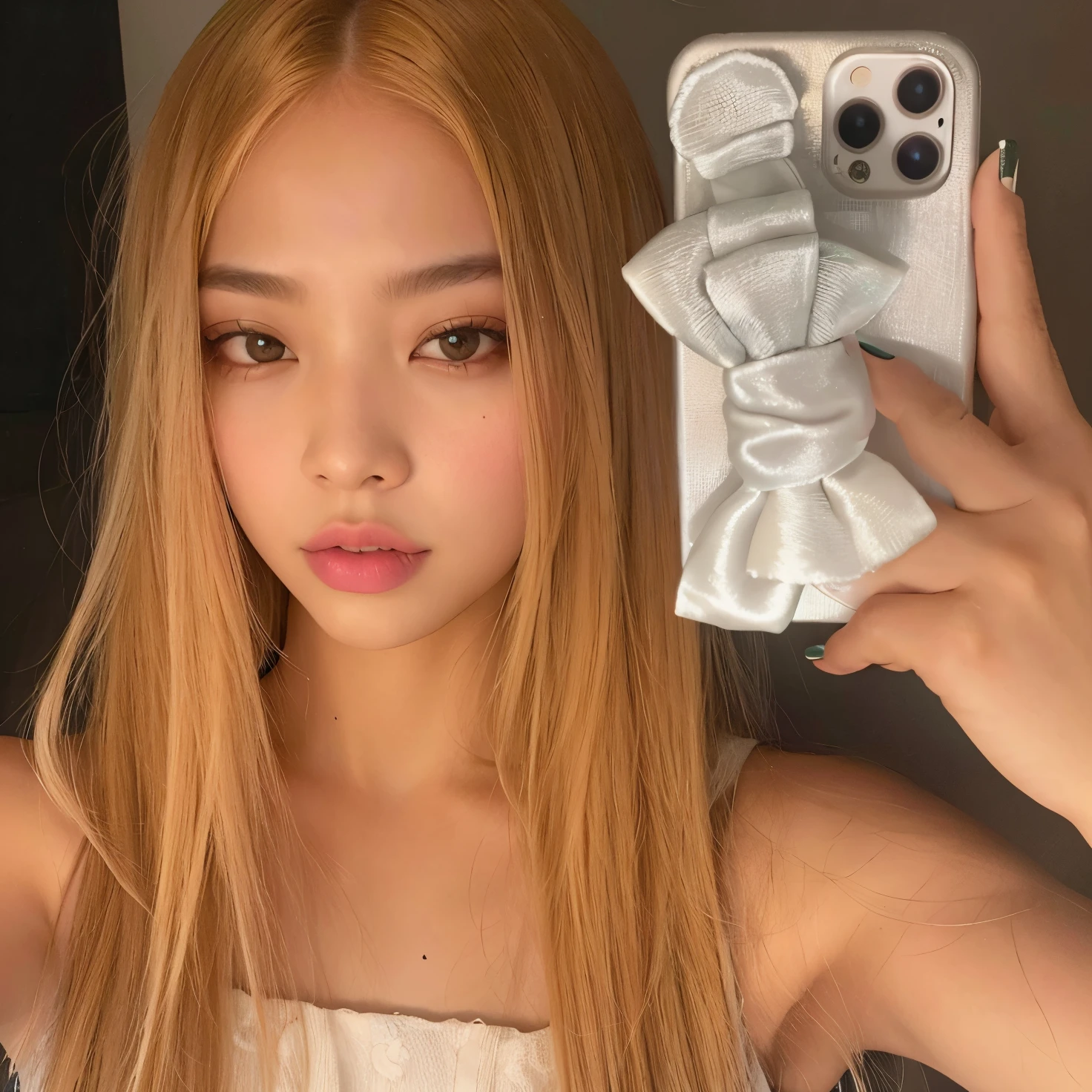 um Close up de uma pessoa segurando um celular em frente a um espelho, jossi do blackpink, Parque Roseanne do Blackpink, jennie blackpink, Lalisa Manoban do Blackpink, iphone selfie, Cl, Lalisa Manobal, com cabelos longos brancos, Eva Elfie, her hair is white, branco hime corte penteado, Retrato de Jossi de Blackpink