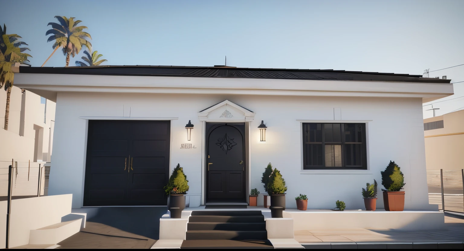 There is a white house with a black door and a black door, muitas arvores nas laterais,((gta 5 casa screenshot)), motor irreal foto-realista, em estilo de realismo simplificado, realista unreal engine 3 d jogo, unreal engine realistic render, feito em unreal motor 4, renderizado no lumion pro, renderizado em unreal engine 4 k hq, renderizado em unreal engine 4k hq