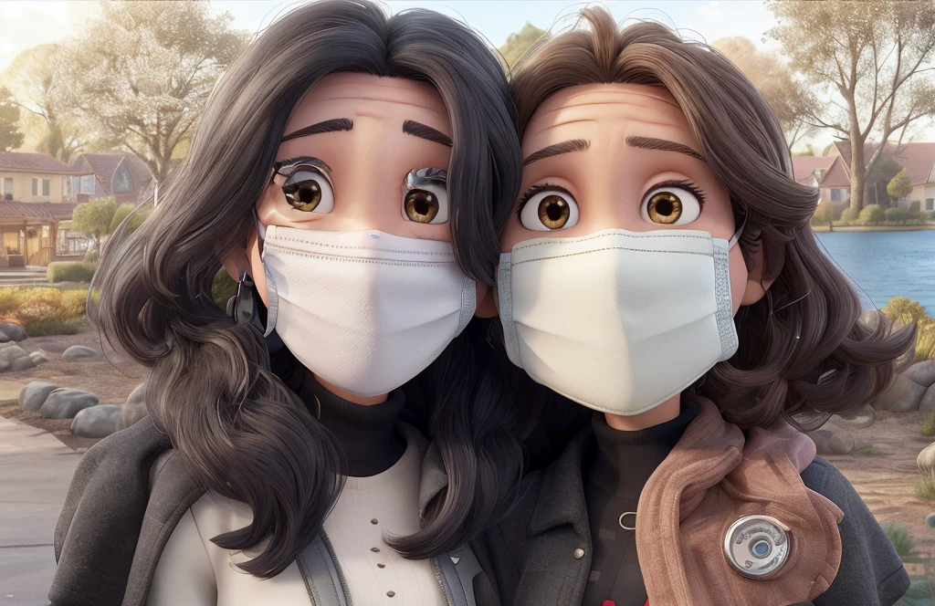 Two girlfriends taking a selfie next to each other. In the background, a lake appears in the distance in an open area in the city. In front of it, there are trees with their leaves shed and a few buildings visible. The girl on the left has black, short hair and curtain bangs. He has black and slanted eyes. White skinned. He is wearing a gray puffer jacket and a white sweater. The black strap of her bag is visible on her shoulder. She is smiling and has a white surgical mask on her face. Her face is narrow and taller than the girl on the right.
The girl on the right has long, light brown, wavy hair. She has wheat skin. She has hazel eyes. She has a hoop earring in her ear. She is smiling and has a white surgical mask on her face. Her face is wider than the girl on the left. She is wearing a black leather jacket and a shirt with white and pink flowers on a black base. The evening sun shines on their faces. 3d disney pixar poster