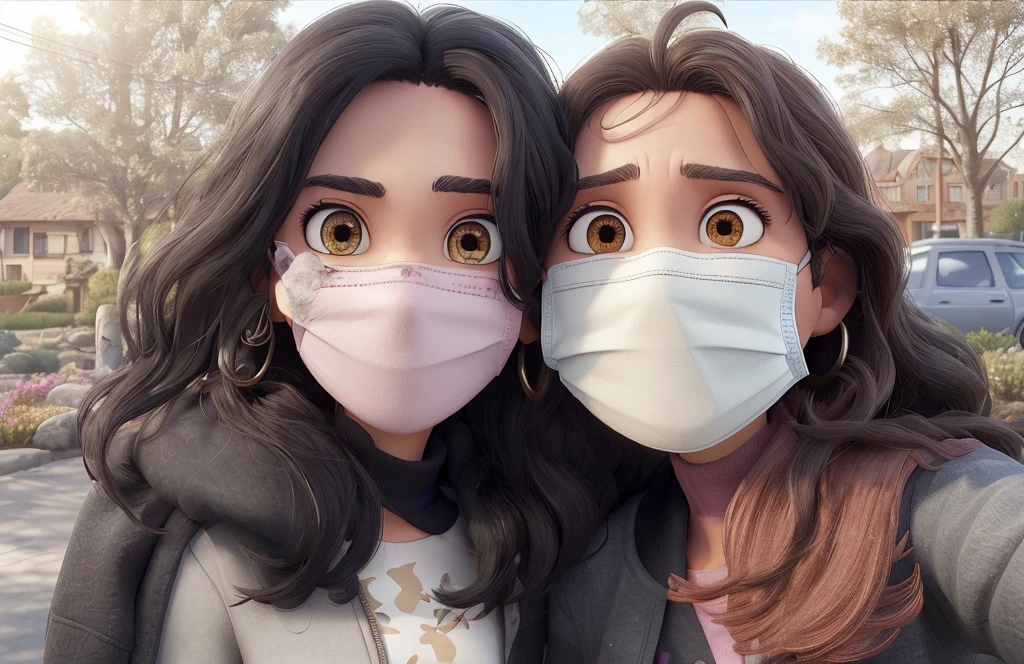 Two girlfriends taking a selfie next to each other. In the background, a lake appears in the distance in an open area in the city. In front of it, there are trees with their leaves shed and a few buildings visible. The girl on the left has black, short hair and curtain bangs. He has black and slanted eyes. White skinned. He is wearing a gray puffer jacket and a white sweater. The black strap of her bag is visible on her shoulder. She is smiling and has a white surgical mask on her face. Her face is narrow and taller than the girl on the right.
The girl on the right has long, light brown, wavy hair. She has wheat skin. She has hazel eyes. She has a hoop earring in her ear. She is smiling and has a white surgical mask on her face. Her face is wider than the girl on the left. She is wearing a black leather jacket and a shirt with white and pink flowers on a black base. The evening sun shines on their faces. 3d disney pixar poster