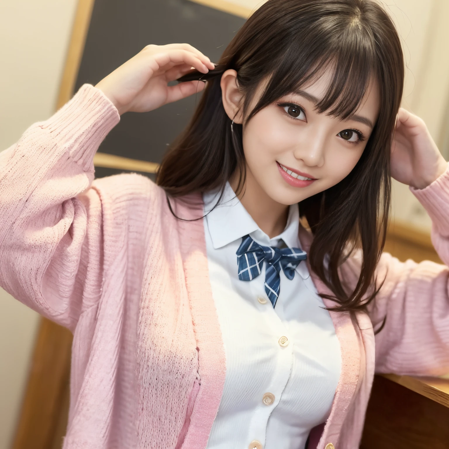 ((top-quality、masutepiece、8K、Top image quality))、(1 photo:1.5)、Highly saturated、1 girl、((Pink cardigan、Uniform Shirt、Pink plaid pleated skirt))、The happiest smile、View me、waved hair、The background is a school classroom、lipsticks、long eyelashes、Perfect makeup、Emphasize body lines、large full breasts、accurate anatomy、(perfect hair:1.2)、Gravure Pose、(exact cardigan:1.3)