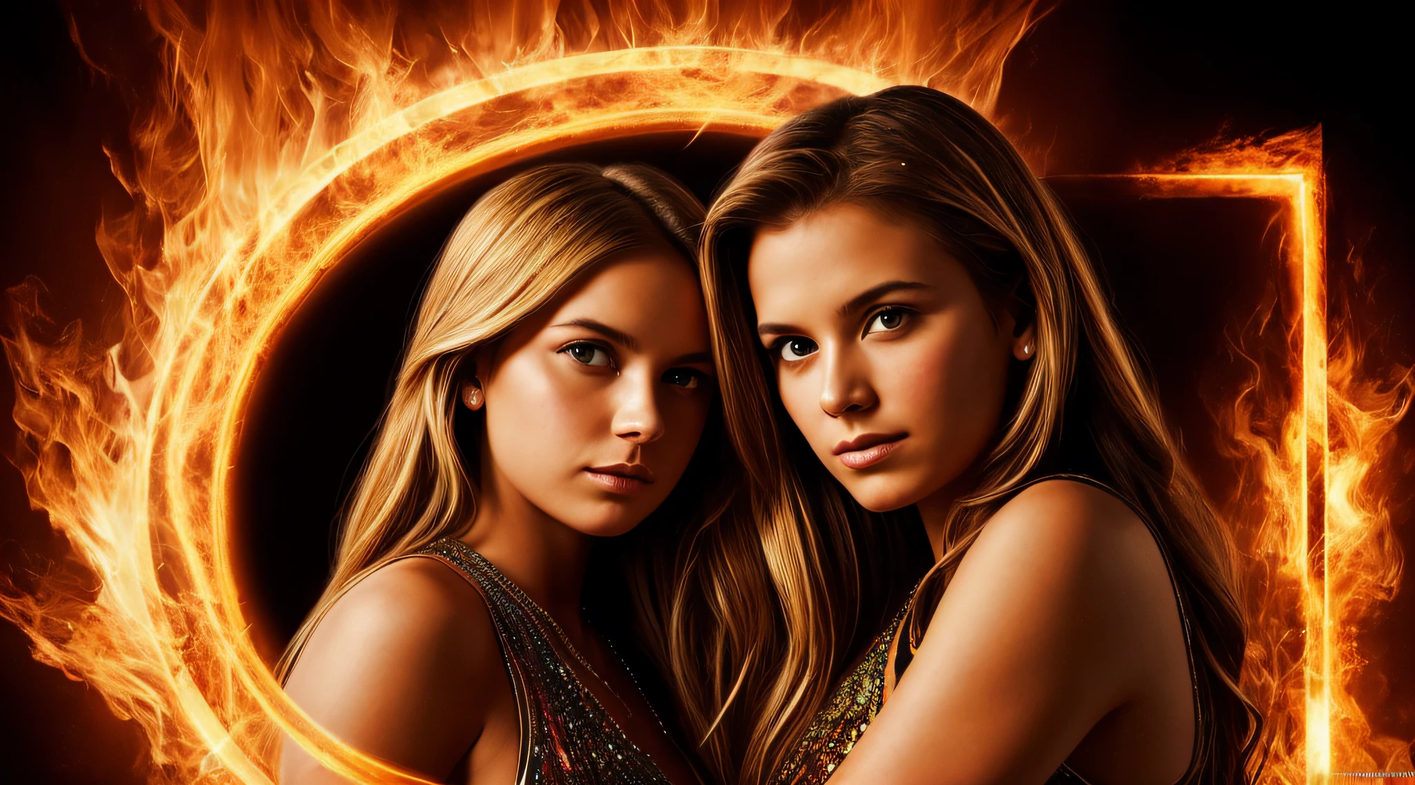 halo de NEON luminoso, there are two CHILDREN GIRLS WITH BLONDE HAIR in front of a ring of fire,