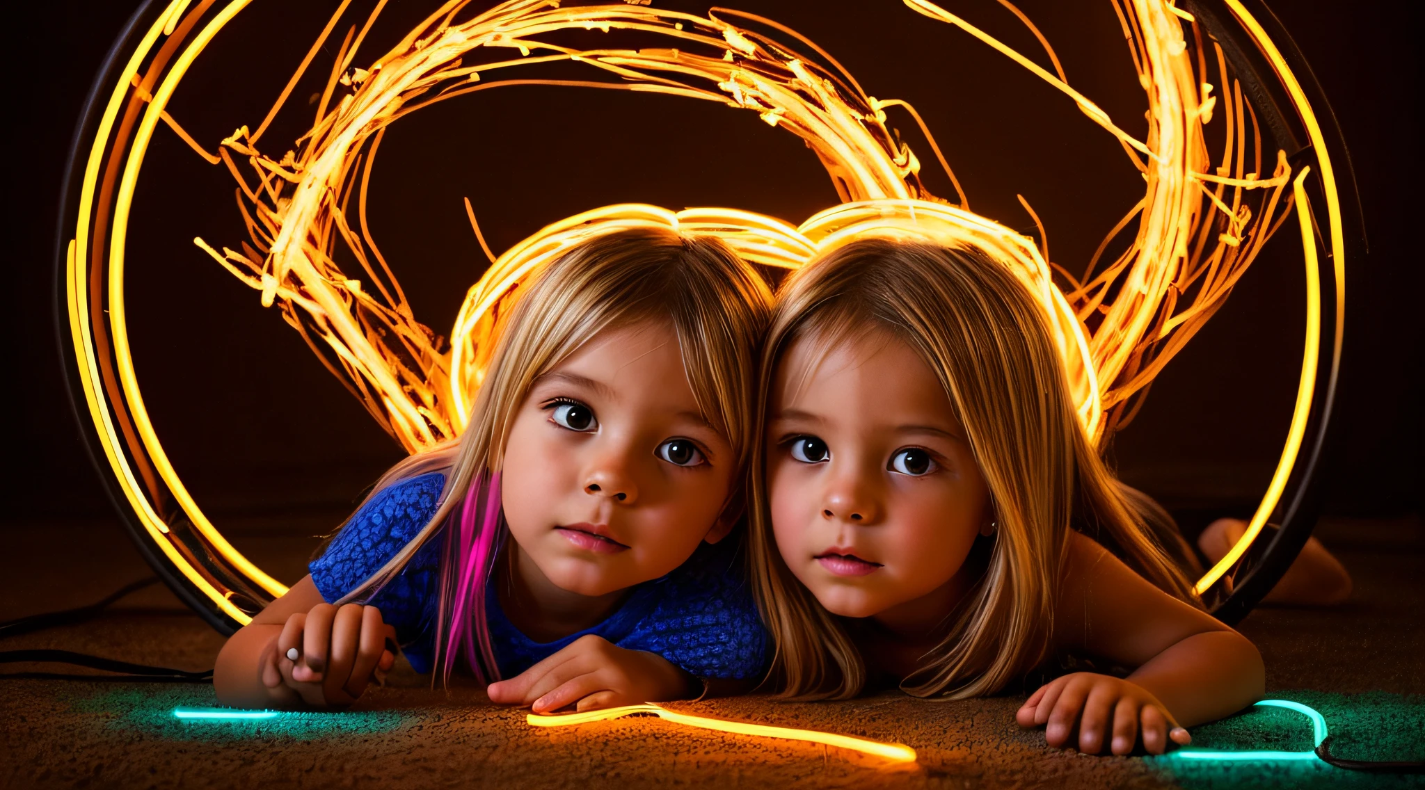 halo de NEON luminoso, there are two CHILDREN GIRLS WITH BLONDE HAIR in front of a ring of fire,