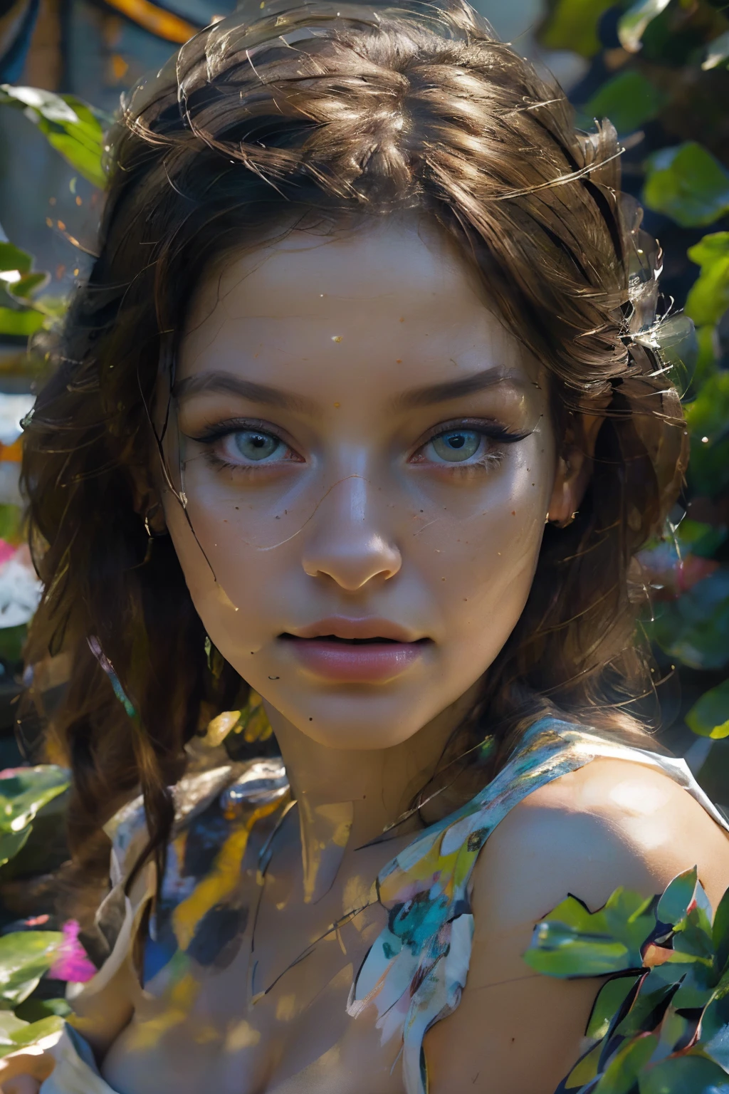 best quality,highres,(realistic:1.37),vivid colors,studio lighting,portraits,girl with mesmerizing eyes and beautiful lips,playful atmosphere,lush garden,floral elements,soft sunlight,glossy oil painting style,colorful palette,impeccable details,carefully crafted brush strokes,subtle textures,ethereal ambiance,fine art masterpiece