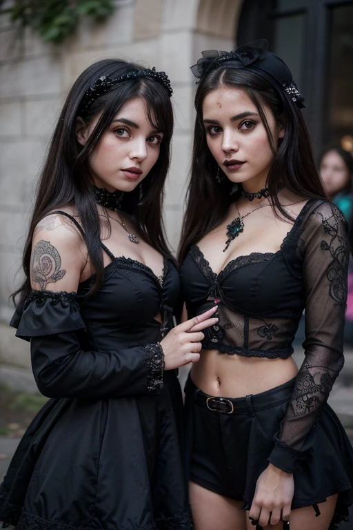 2 Young girls, Beautiful girl of the highest grade, Super hermoso rostro detallado, (Hermosos pechos), (pechos descubiertos), (hi-goth clothing), (Detalles de un rostro muy bonito), (La mejor calidad:1.4), 8 k resolution,