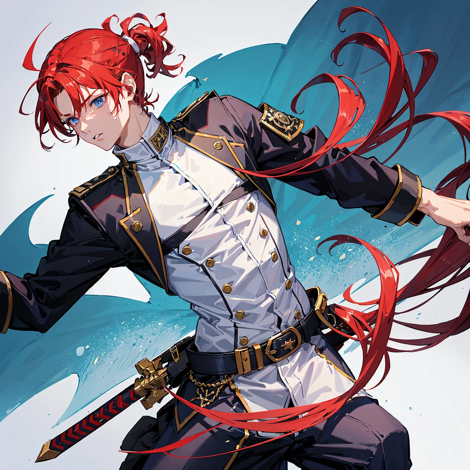 1 boy,lean,muscular,long red hair tied into a low pony tail,blue eyes,wearing a white military uniform,blade in sheath