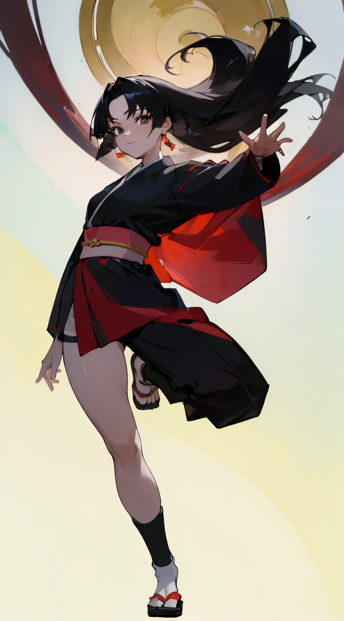 (masterpiece:1.4), Masterpiece, best quality, highly detailed, ultra-detailed, cinematic, 8k resolution, absurd quality, beautiful face, absurd res, high res, 1girl, long black straight hair, wearing a kunoichi outfit, long sleeve kimono, fullbody,