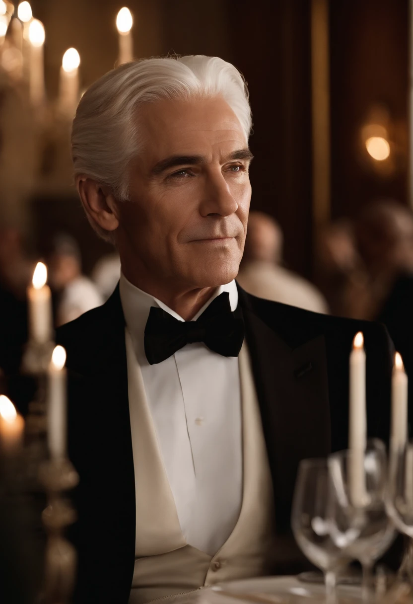 A photo of Logan hosting a private dinner party with influential business figures,original,Logan Roy, the fictional patriarch in “Succession,” possesses a commanding presence, characterized by his tall stature, sharp suits that speak to his power and wealth, and an often stern, unyielding facial expression. His aging appearance, marked by a full head of white hair and a penetrating gaze, adds to his intimidating demeanor., male