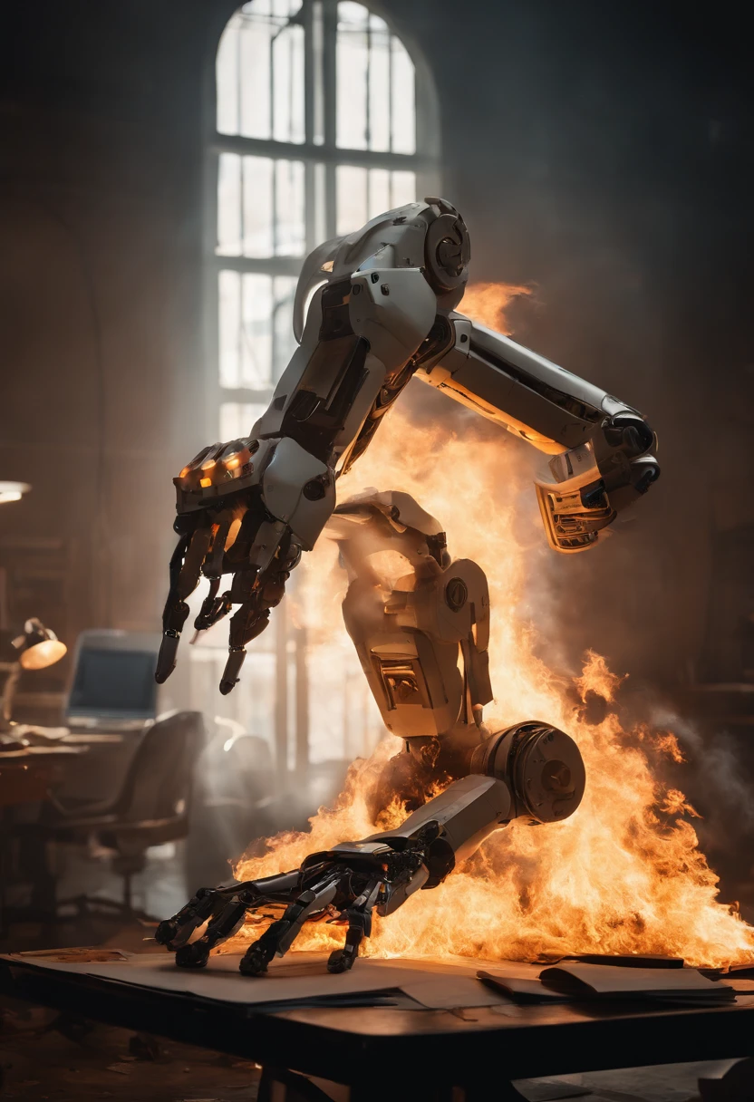 A photo of a robotic arm setting fire to a pile of useless human paperwork,Portal series,GLaDOS is a robot suspended from the ceiling, female