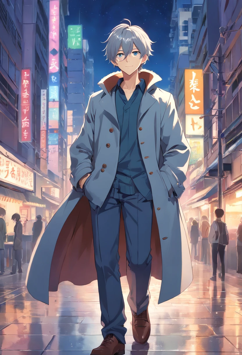 one male ager, adorable, captivating, messy silver hair, wearing a silver colored double-breasted coat with large cuffs that's open down the middle, standing on two feet, full body committee, 4k, ultra high resolution, delicate eyes, relaxed, gentle expression, softly smiling