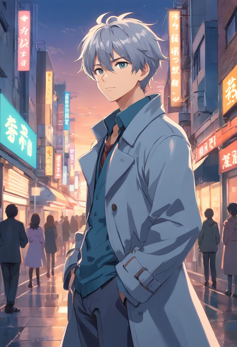 one male teenager, adorable, captivating, messy silver hair, wearing a silver colored double-breasted coat with large cuffs that's open down the middle, standing on two feet, full body committee, 4k, ultra high resolution, delicate eyes, relaxed, gentle expression, softly smiling