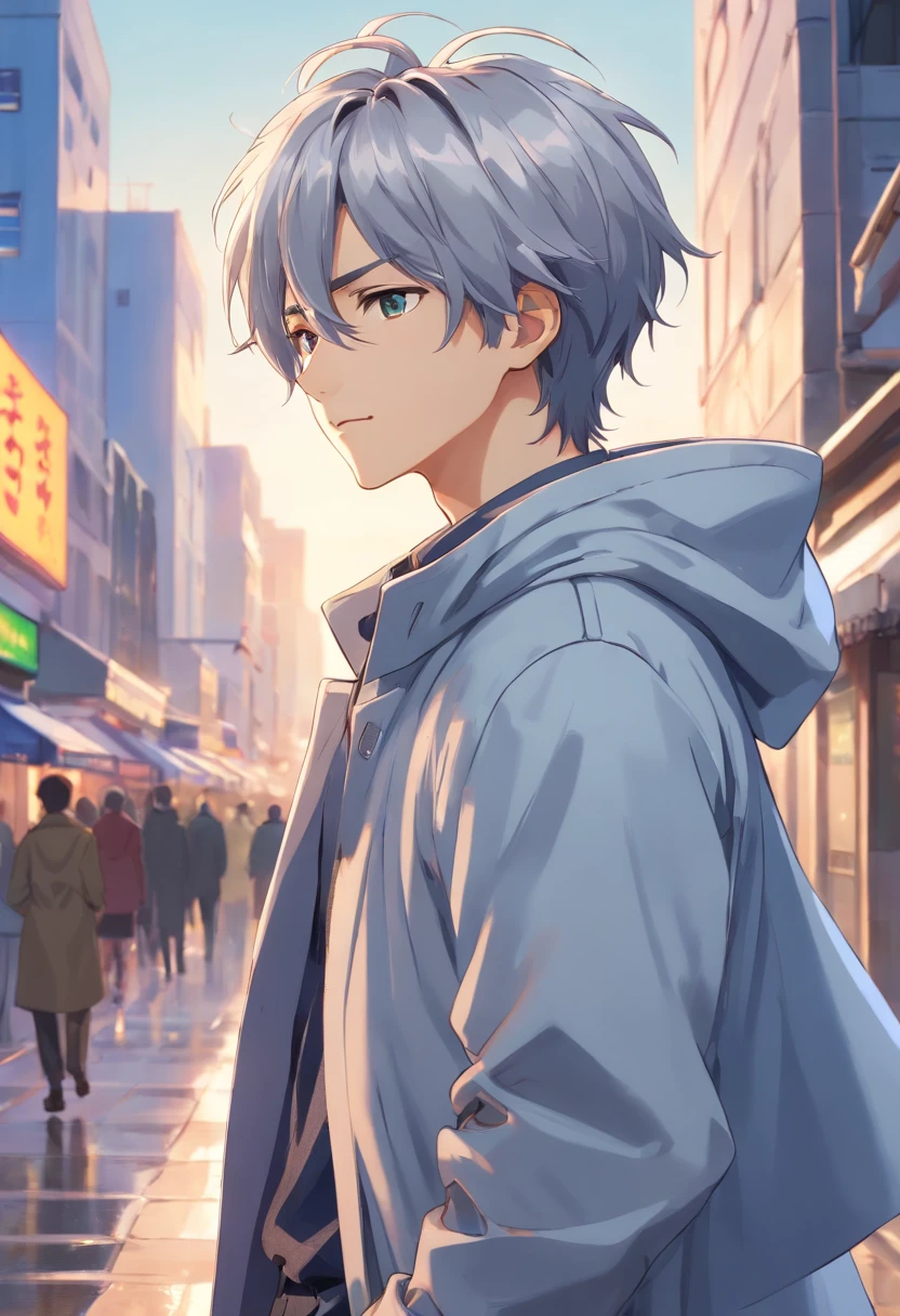 one male ager, adorable, captivating, messy silver hair, wearing a silver colored double-breasted coat with large cuffs that's open down the middle, standing on two feet, full body committee, 4k, ultra high resolution, delicate eyes, relaxed, gentle expression, softly smiling