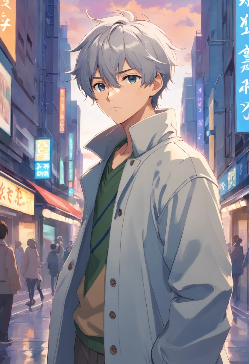 one male ager, adorable, captivating, messy silver hair, wearing a silver colored double-breasted coat with large cuffs that's open down the middle, standing on two feet, full body committee, 4k, ultra high resolution, delicate eyes, relaxed, gentle expression, softly smiling