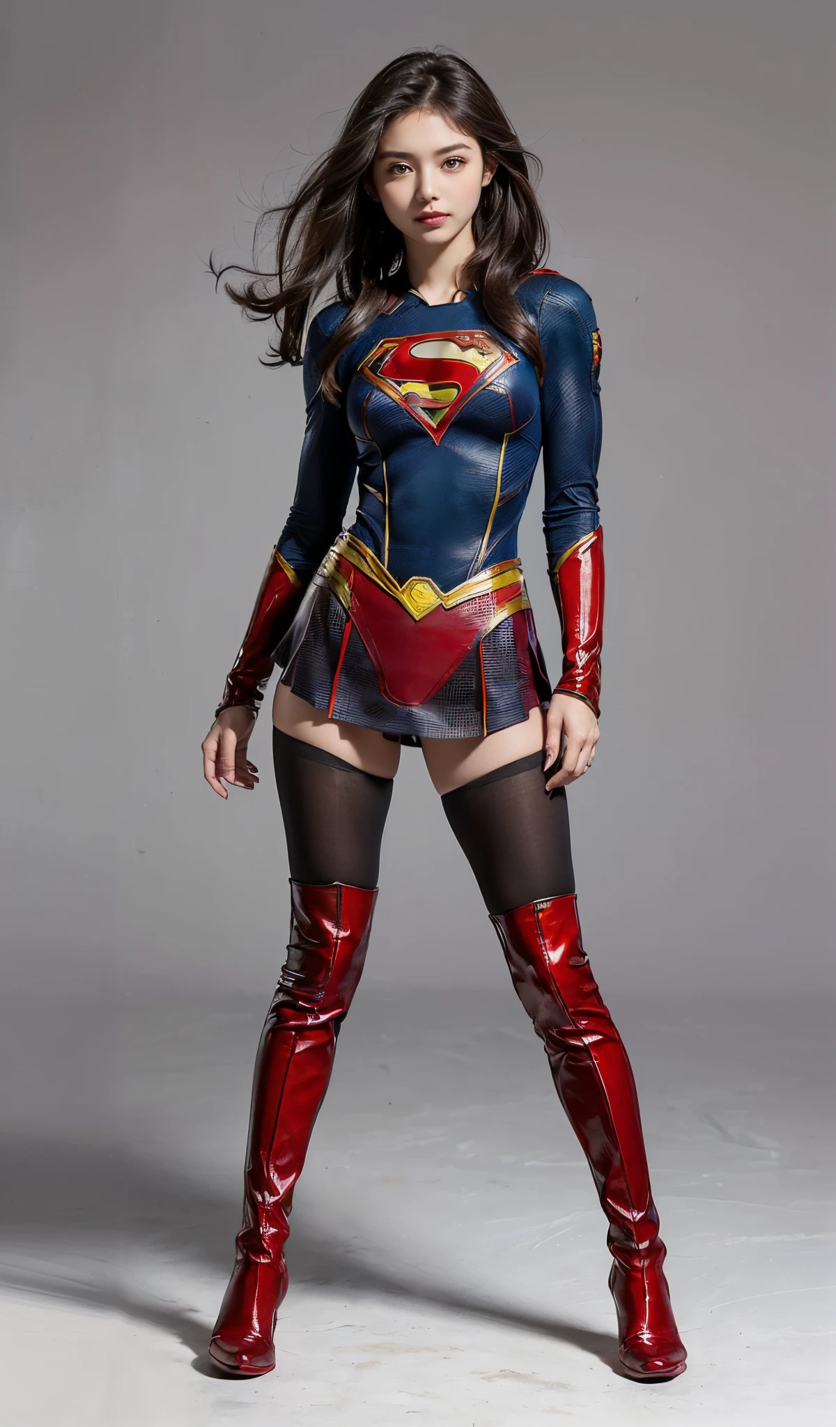 Suffering、mouth is always open sloppily、Drool is always dripping from my mouth、Asian Beautiful Girl、(((Wear black tights on your beautiful legs.)))、(((beauty legs)))、(((facial expression of smile)))、((((Make the most of the original image)))、(((Supergirl Costume)))、(((a short bob、beautiful hairl)))、(((Suffering)))、(((Feet must necessarily be worn with black tights)))、(((You need to wear red boots)))、((Top image quality、8K))、((top-quality、8K、masterpiece:1.3))、(((Keep your background simple)))、Crisp focus:1.2、Beautiful woman with perfect body shape:1.4、Slender Abs:1.2、a wet body:1.5、Highly detailed facial and skin texture、8K、beauty legs