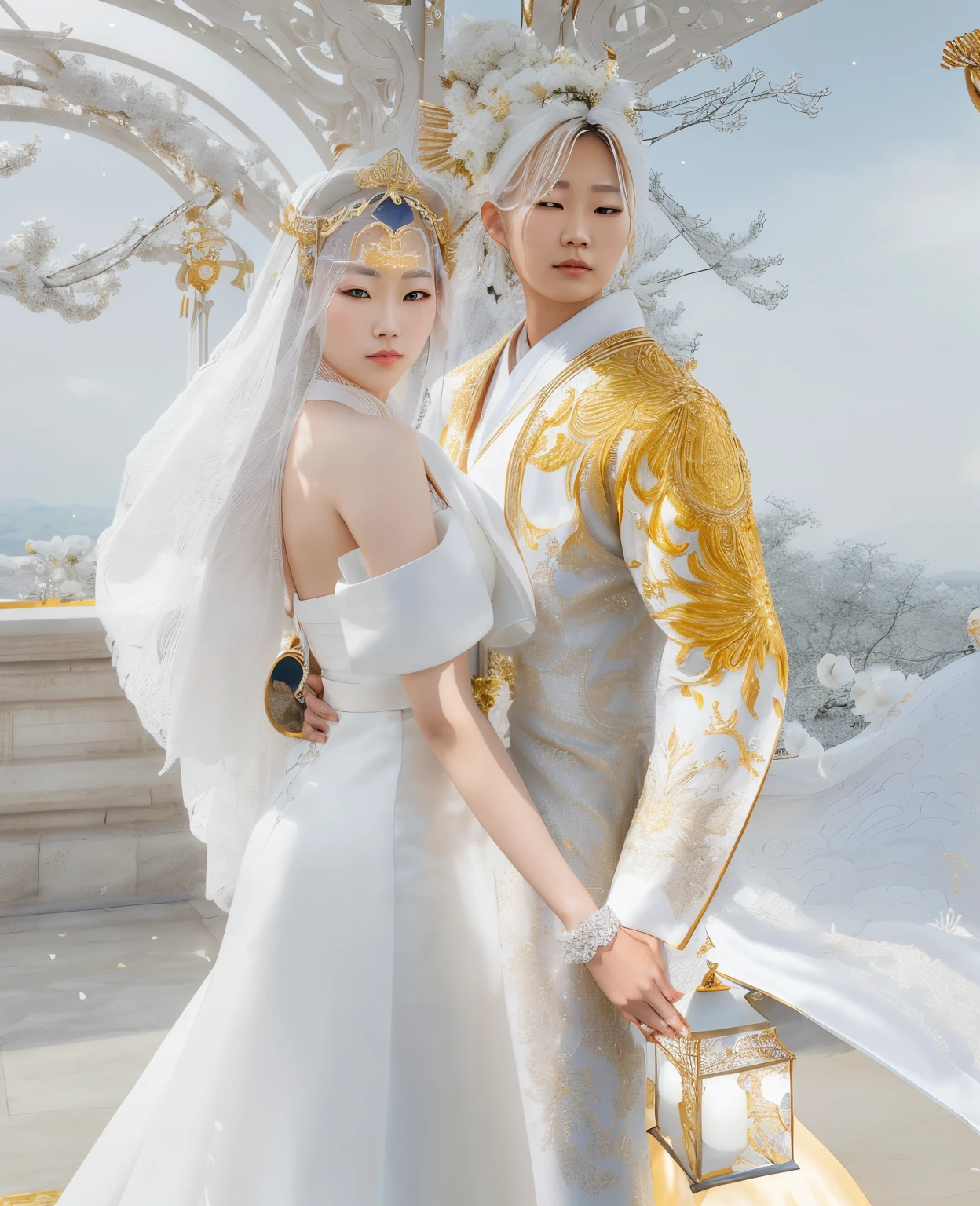 there are two women dressed in white and gold standing next to each other, & jeehyung lee & wlop, bride and groom, wedding, white and gold robes, luxurious wedding, snapshot, wedding photo, wlop and ross thran, gold and white robes, white and gold priestess robes, asya yoranova and alan lee, inspired by Rudolf von Alt