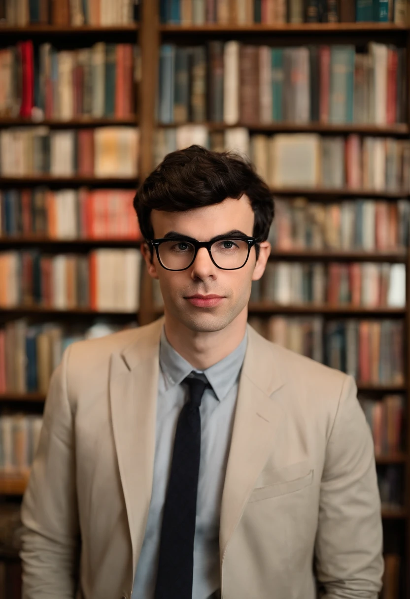 A photo of a quirky, vintage bookstore,original,In “Nathan for You,” Nathan Fielder portrays a character of the same name, marked by his plain, somewhat awkward appearance: often seen in a grey suit and tie, with his hair neatly combed and a pair of unremarkable glasses. This understated look complements his on-screen persona, which is characterized by a deadpan expression and a consistently serious demeanor, regardless of the comedic absurdity unfolding around him., male