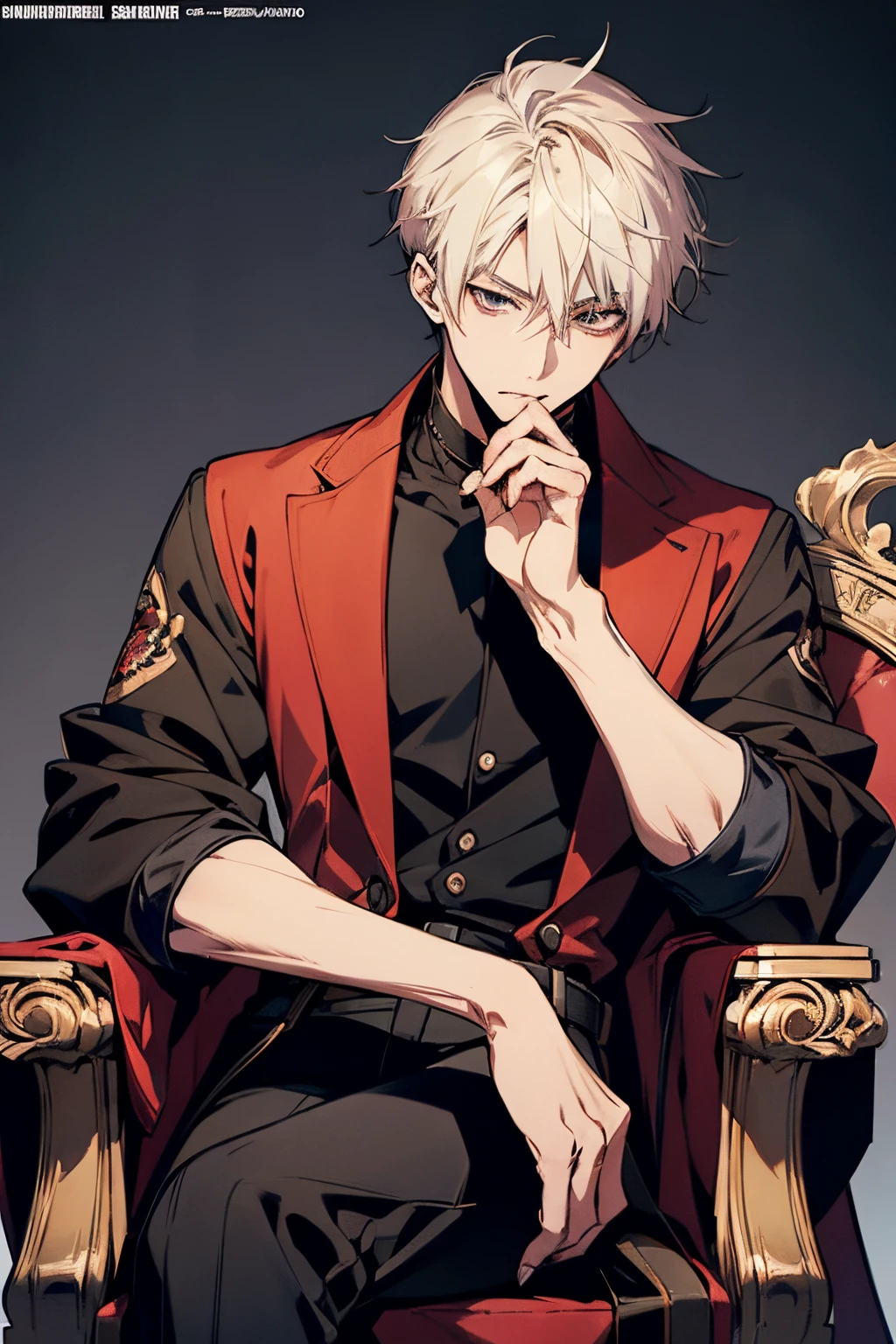 Anime man sitting on a chair with his hand on his chin, 25-years old,Handsome Anime Pose, inspired by Bian Shoumin, official illustrations, shigenori soejima illustration, Handsome male anime portrait, handsome guy in demon slayer art, Official art, official character illustration, young anime boy, delicate androgynous prince, Official Character Art, highly detailed exquisite fanart